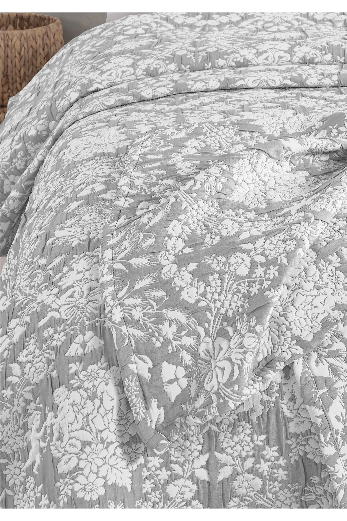 Dolgulu Jakarlı Yatak Örtüsü Seti Çift Kişilik Bej 230x240 cm - gala gri̇