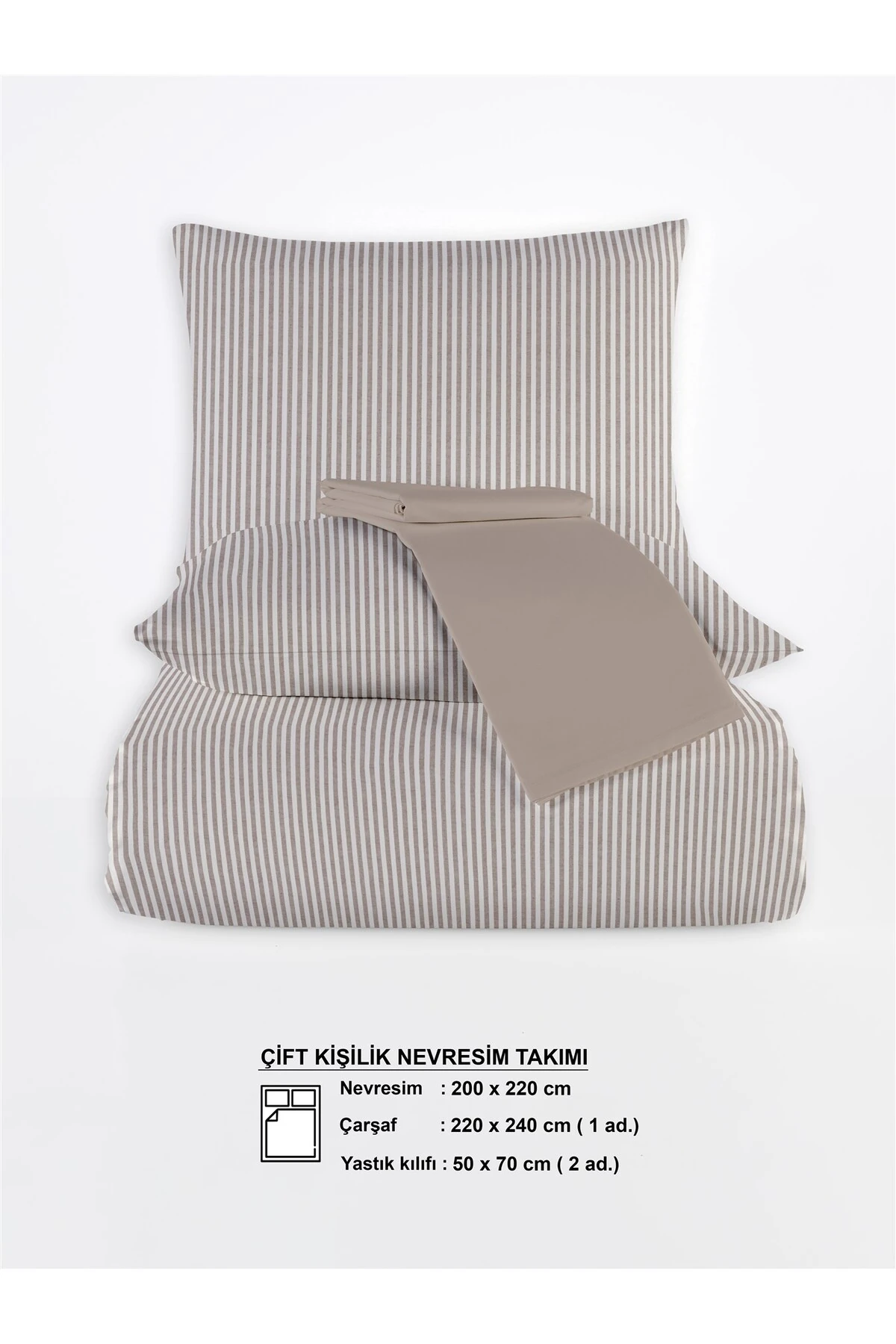 Striped %100 Pamuk Ranforce Yezra Ipliği Boyalı Nevresim Takımı Çift Kişilik - 200x220 Cm - Bej