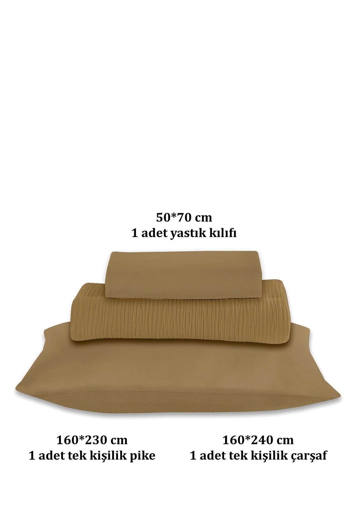 % 100 Doğal Pamuk 4 Kat Müslin Lüks Tek Kişilik Pike Takımı 160x230cm - Hardal