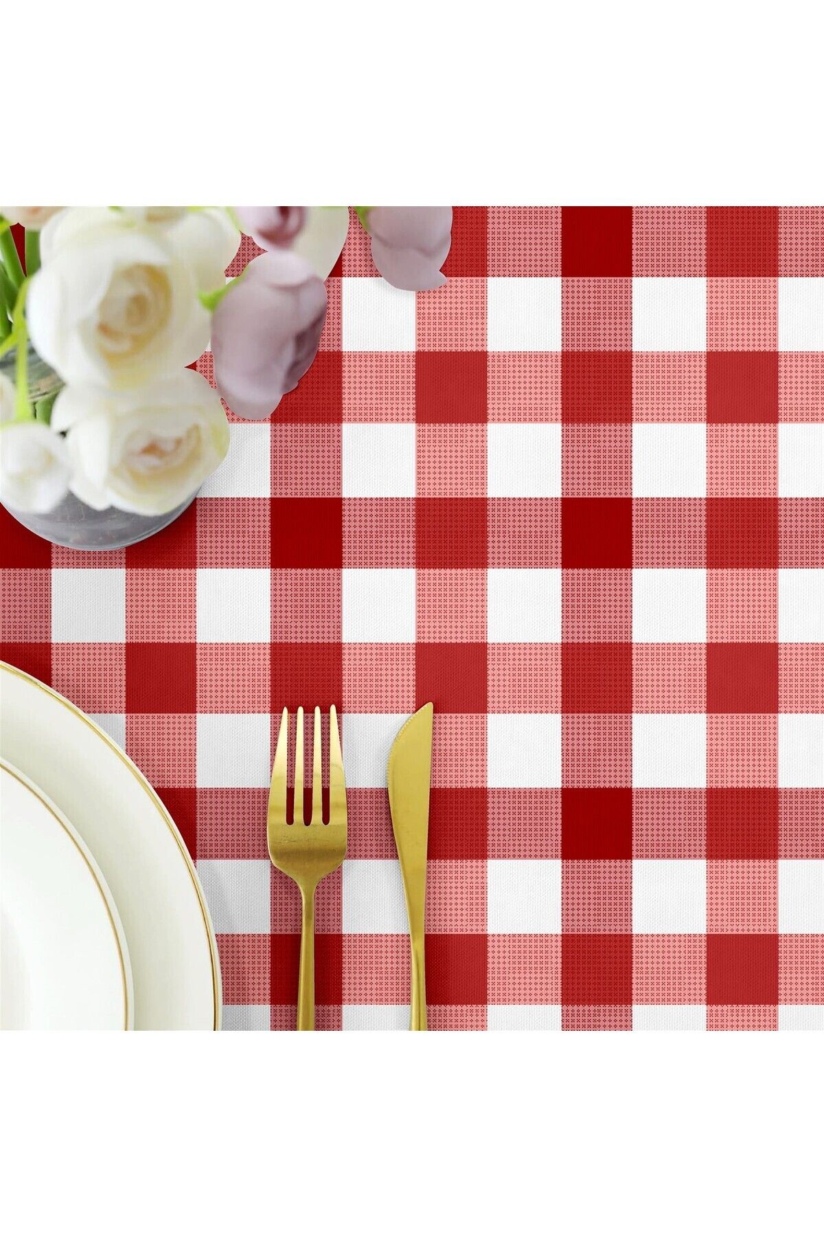 Canvas Kareli Sıvı Geçirmez Leke Tutmaz Masa Örtüsü Gül Kurusu