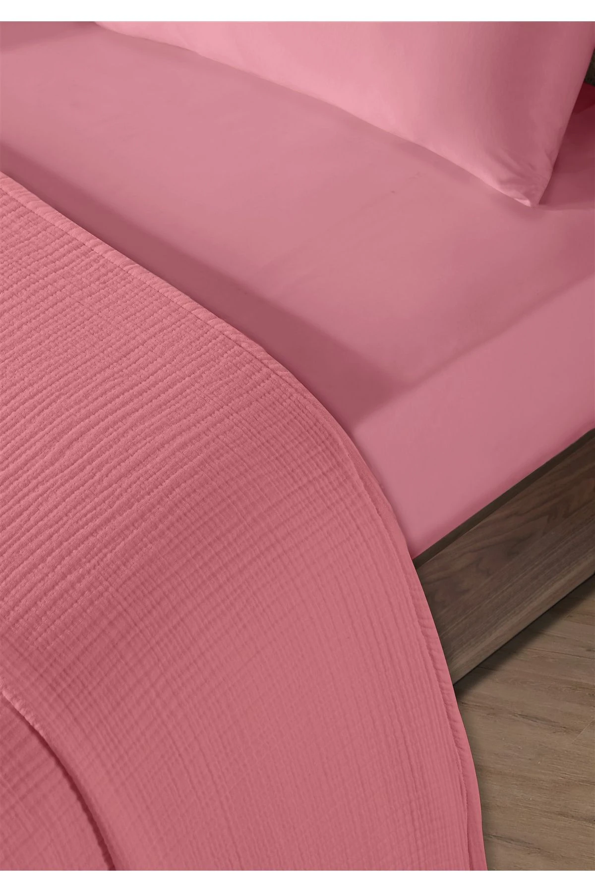 % 100 Doğal Pamuk 4 Kat Müslin Lüks Çift Kişilik Pike Takımı  200x230cm - koyu pembe