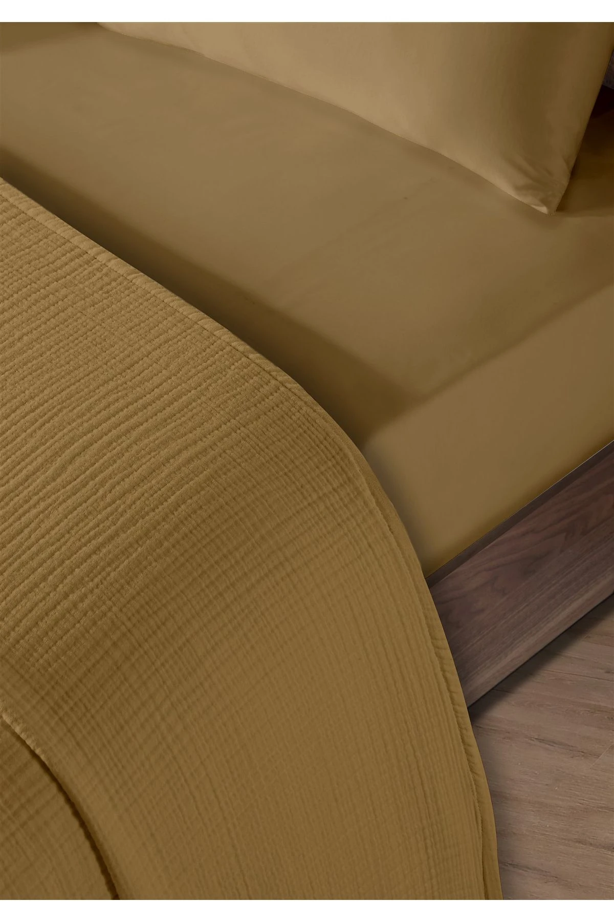 % 100 Doğal Pamuk 4 Kat Müslin Lüks Çift Kişilik Pike Takımı  200x230cm - Hardal