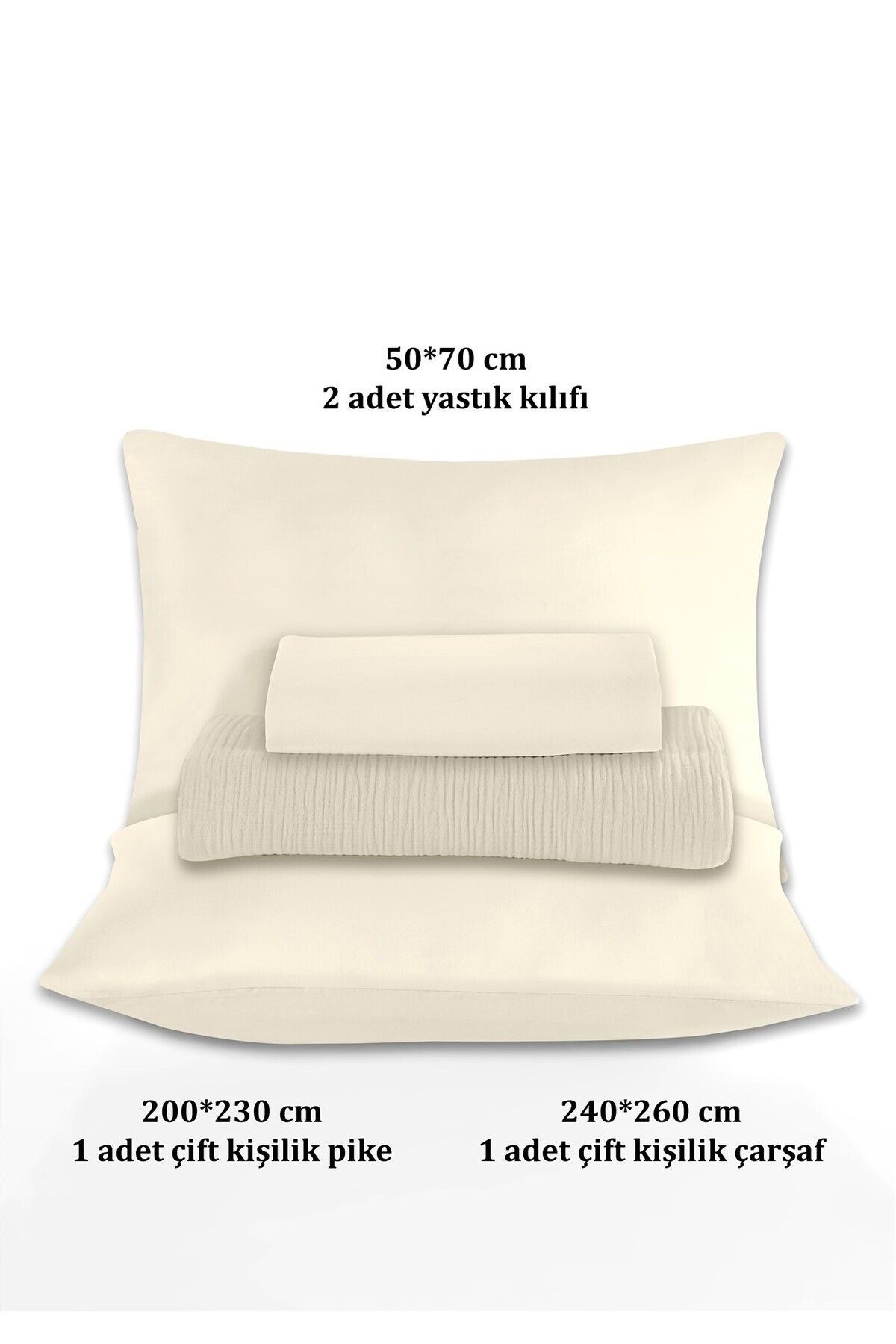 % 100 Doğal Pamuk 4 Kat Müslin Lüks Çift Kişilik Pike Takımı Açık Bej 200x230cm