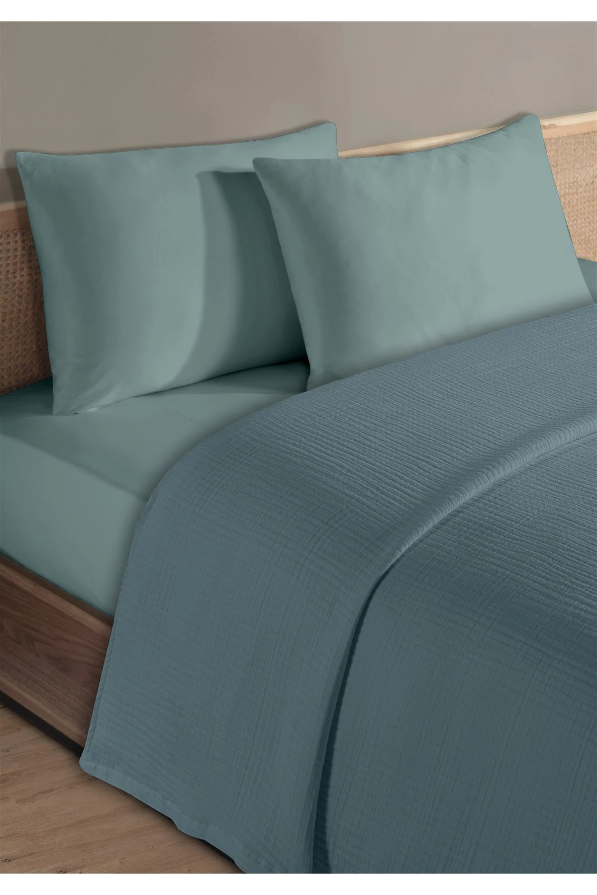 % 100 Doğal Pamuk 4 Kat Müslin Lüks Tek Kişilik Pike Takımı 160x230cm - Petrol