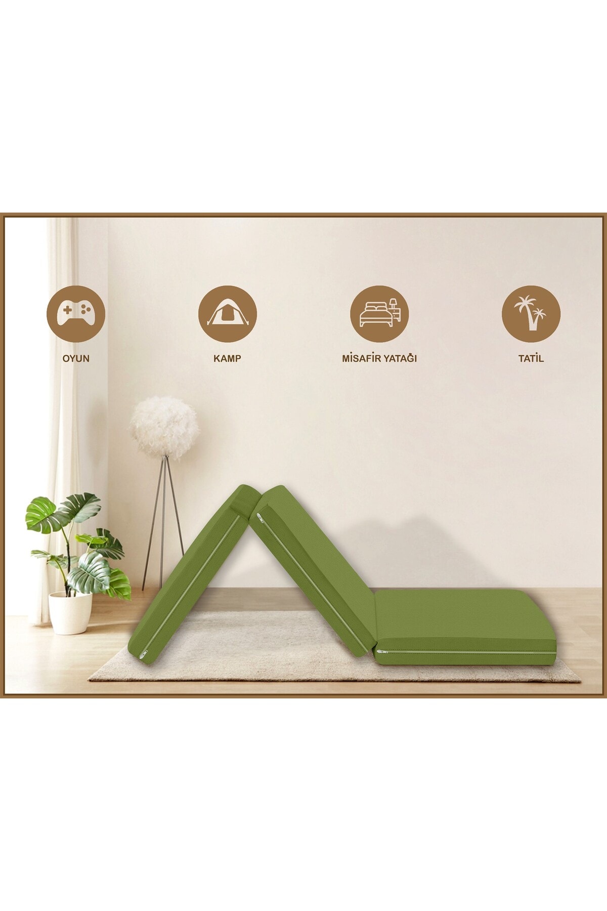 Canvas Açık Bej Fermuarlı Katlanabilir Yer Yatağı Yer Minderi 6cm