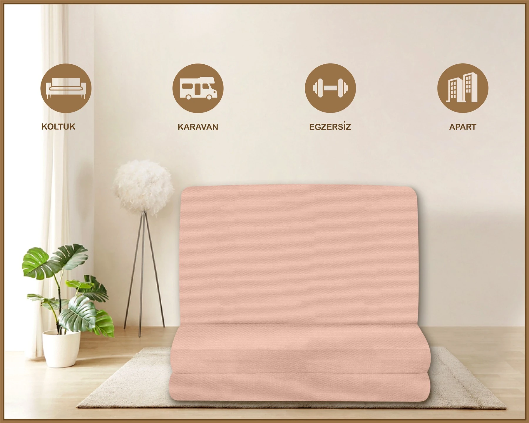 Canvas  Fermuarlı Katlanabilir Yer Yatağı Yer Minderi 60x180x6cm - Açik Pembe