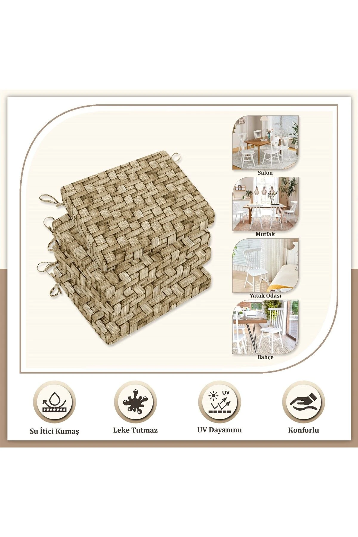 Canvas Tekli Wicker Sıvı Geçirmez Leke Tutmaz Fermuarlı Bağcıklı Sandalye Minderi 40 x 40 cm