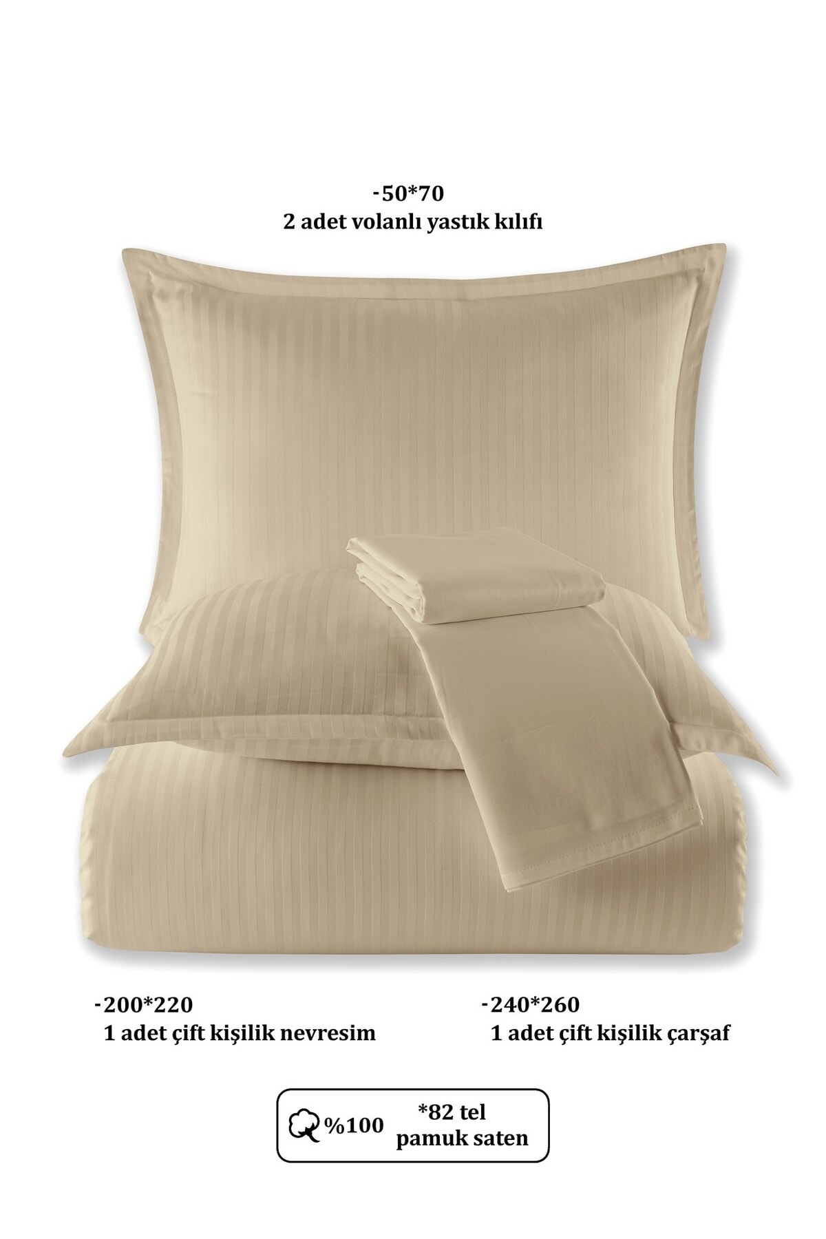%100 Pamuk Saten Dik Çizgi Volanlı Çift Kişilik Nevresim Takımı  200x220 cm