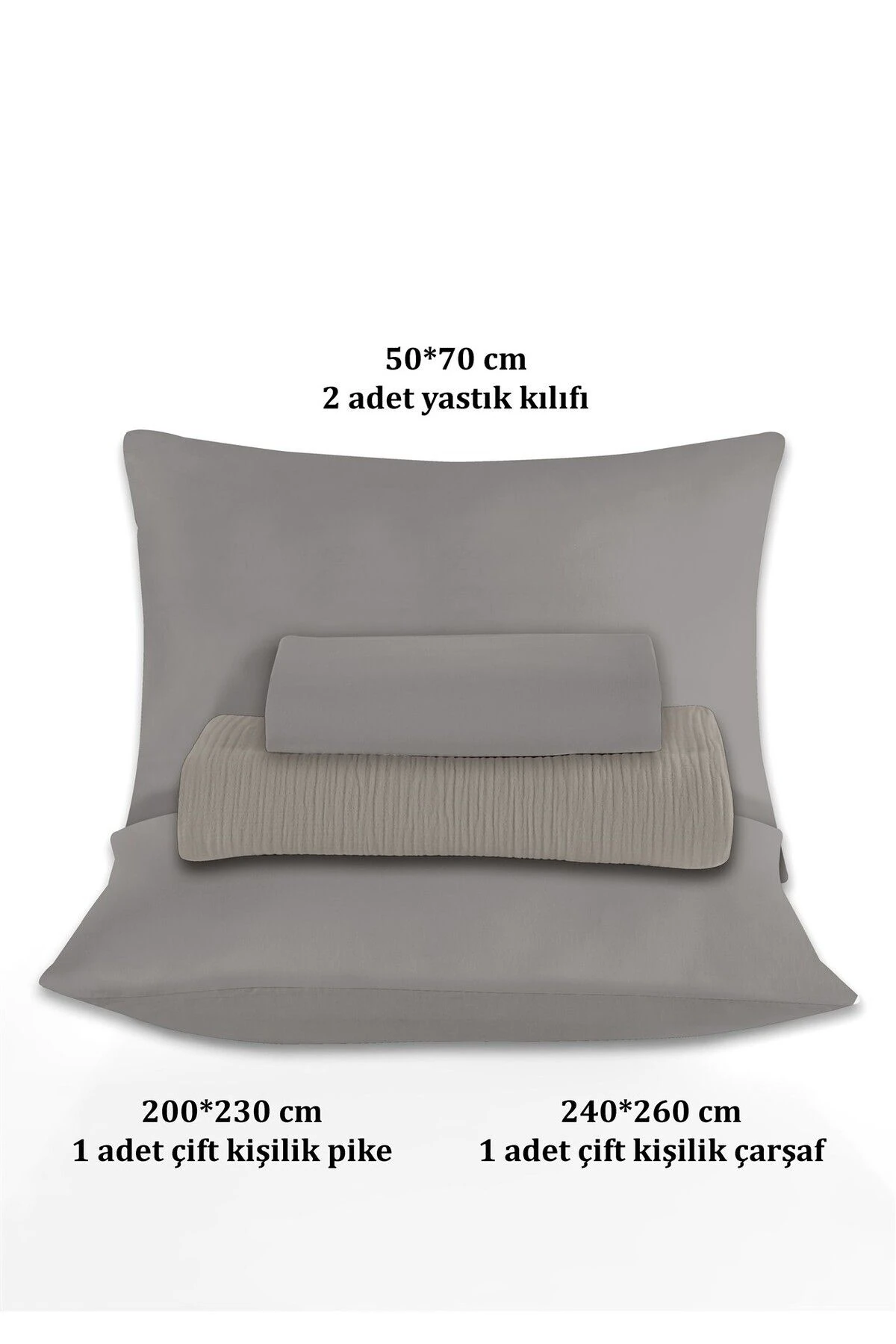 % 100 Doğal Pamuk 4 Kat Müslin Lüks Çift Kişilik Pike Takımı  200x230cm - Açik Gri̇