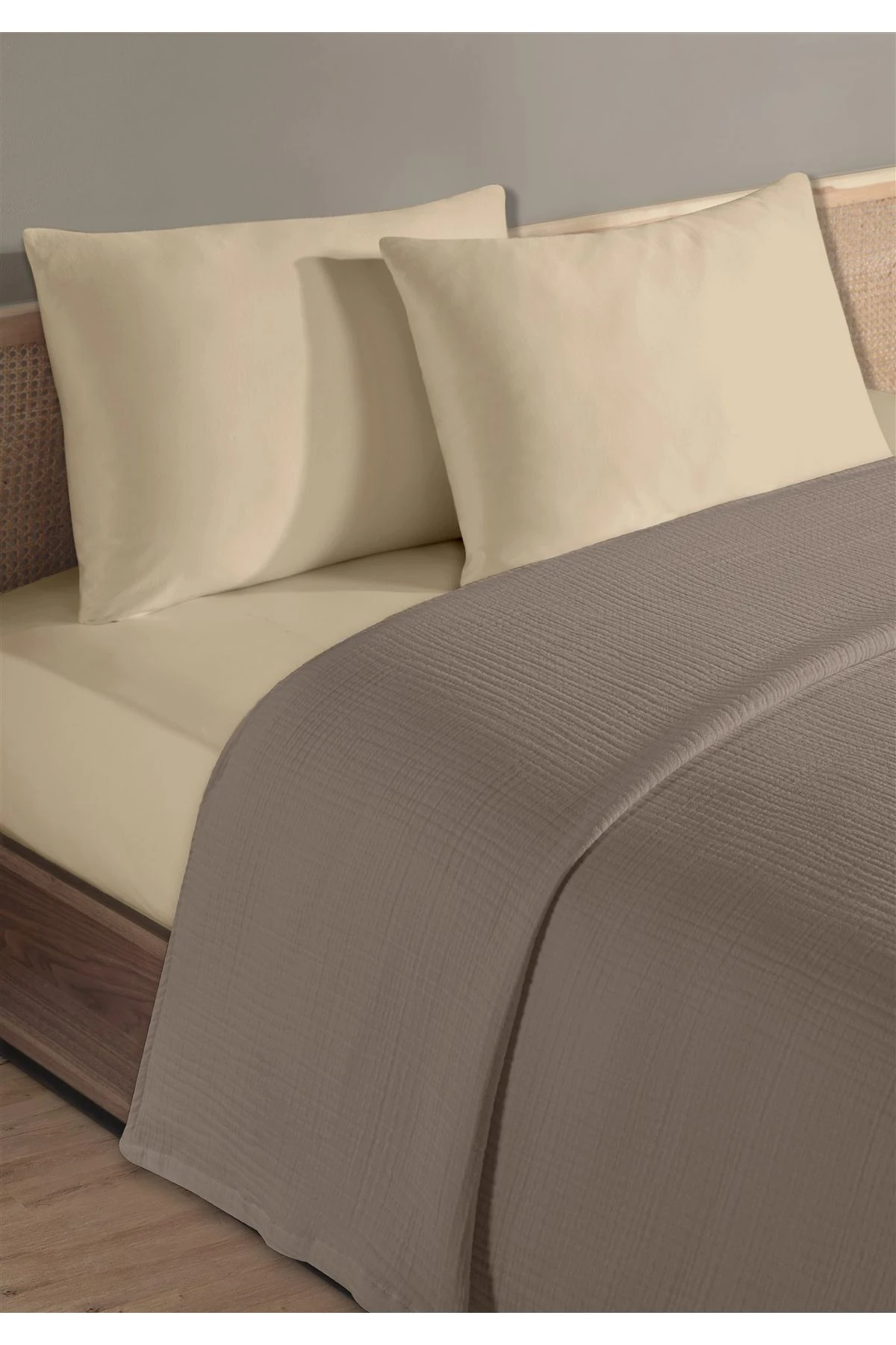 % 100 Doğal Pamuk 4 Kat Müslin Lüks Tek Kişilik Pike Takımı 160x230cm - koyu bej