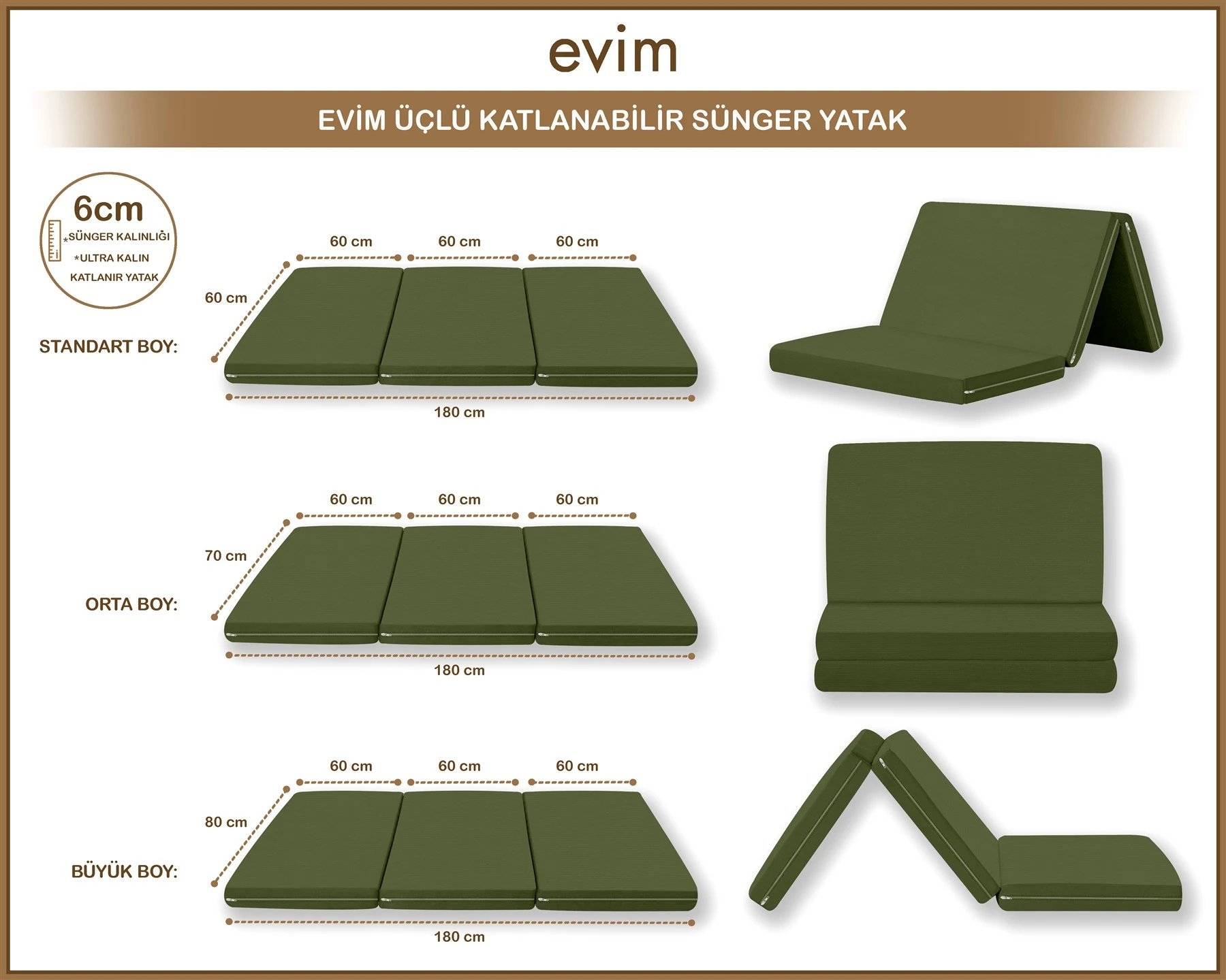 Canvas  Fermuarlı Katlanabilir Yer Yatağı Yer Minderi 60x180x6cm - Koyu Haki̇