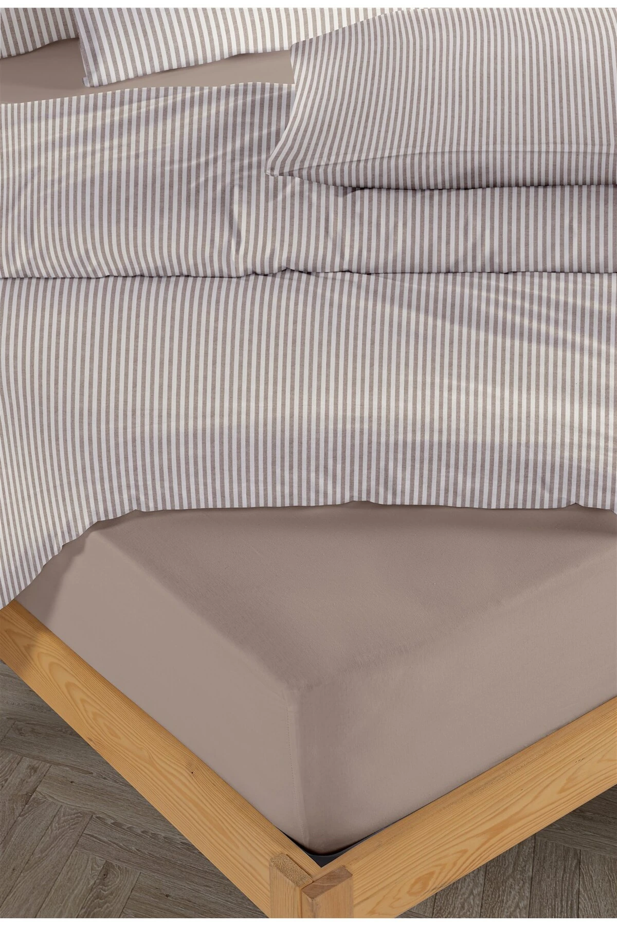 Striped %100 Pamuk Ranforce Yezra Ipliği Boyalı Nevresim Takımı Çift Kişilik - 200x220 Cm - Bej