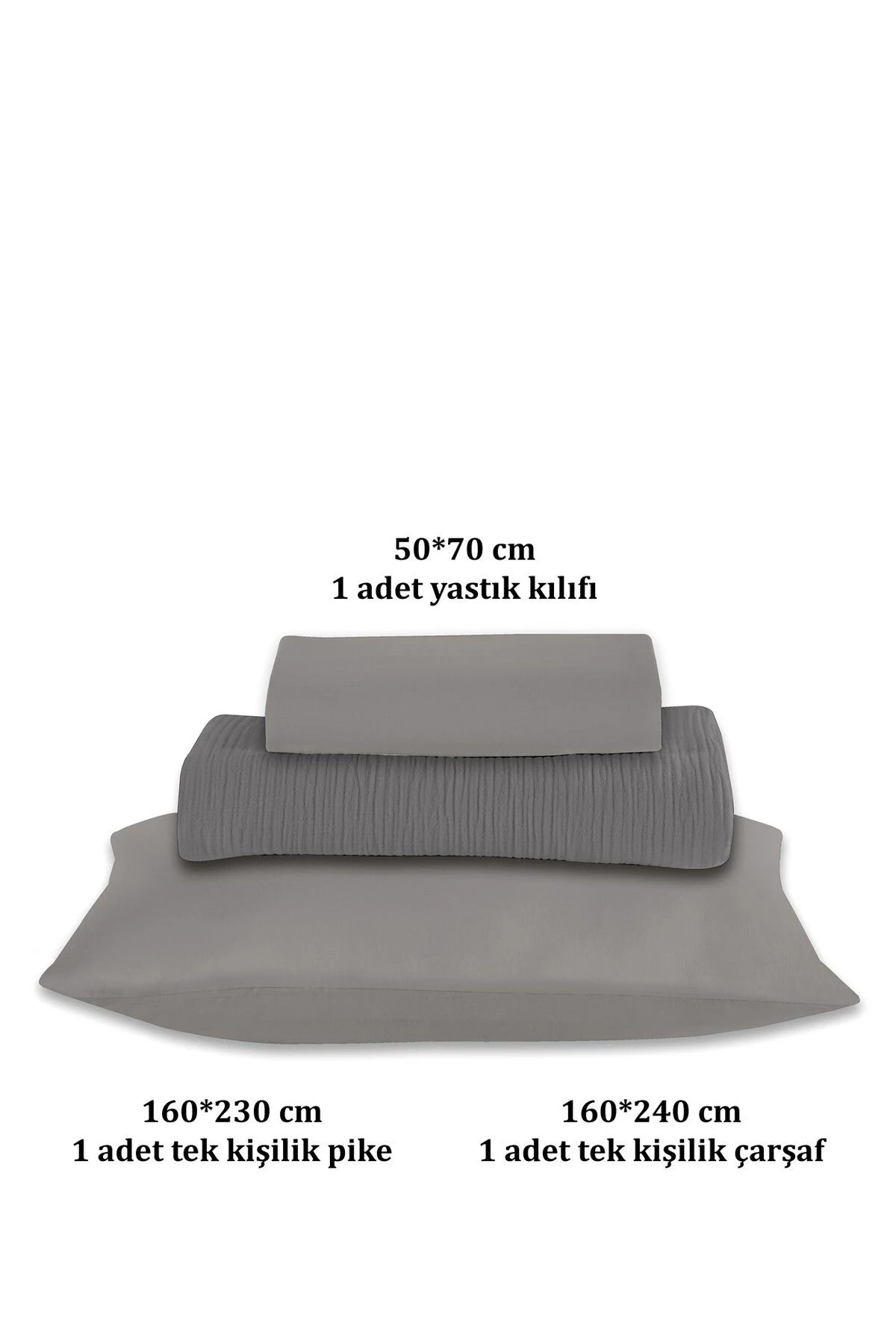 % 100 Doğal Pamuk 4 Kat Müslin Lüks Tek Kişilik Pike Takımı 160x230cm - Koyu Gri̇
