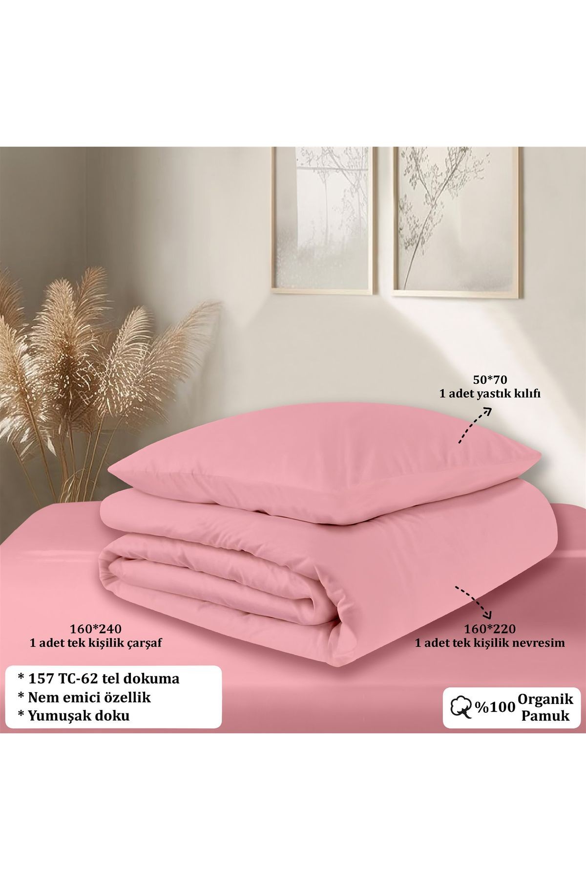 Organik Pamuk Akfil Nevresim Takımı  Tek Kişilik 160x220 cm - Pembe