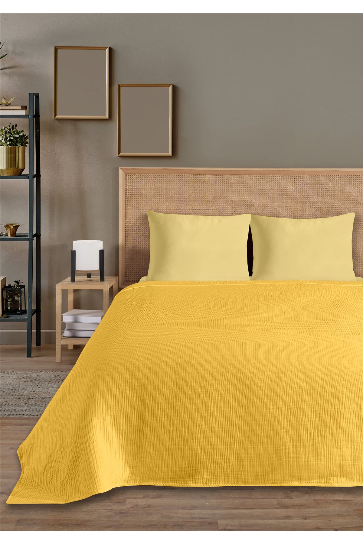 % 100 Doğal Pamuk 4 Kat Müslin Lüks Çift Kişilik Pike Takımı  200x230cm - sari