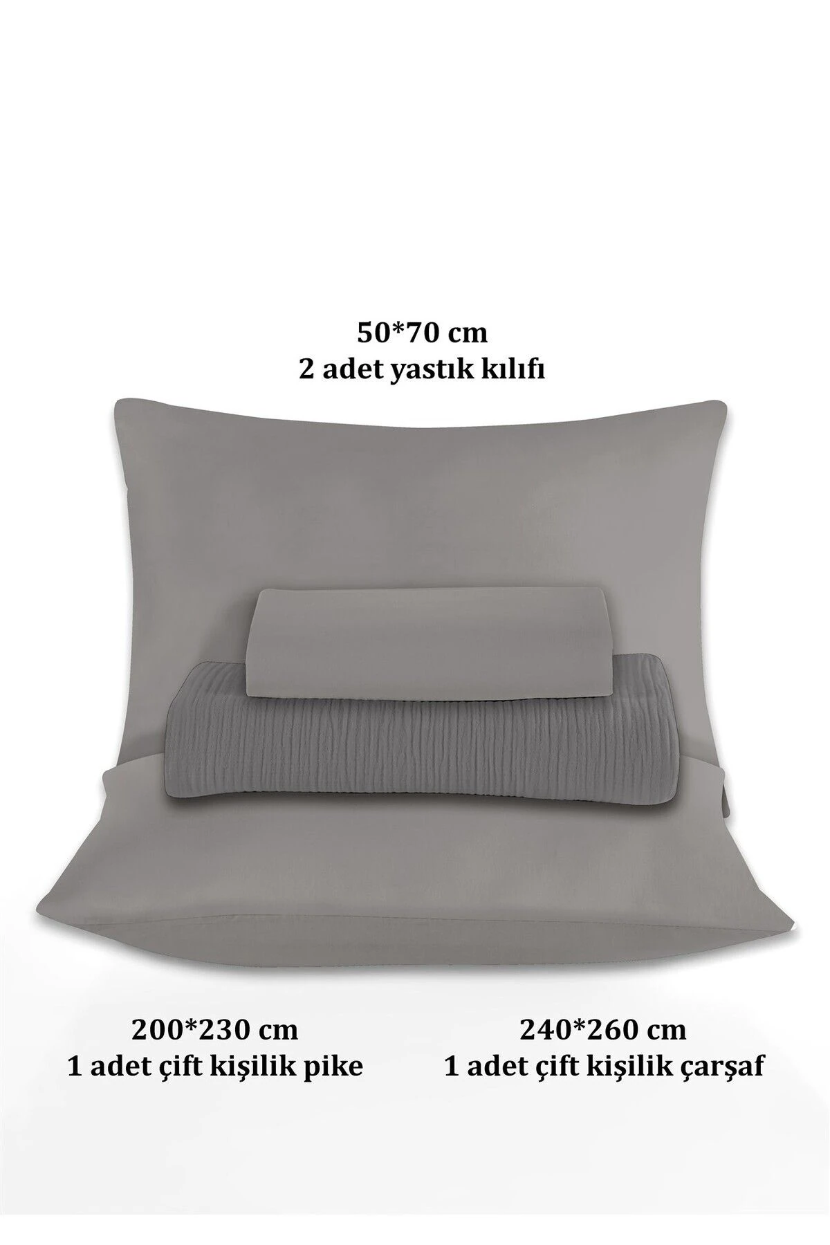 % 100 Doğal Pamuk 4 Kat Müslin Lüks Çift Kişilik Pike Takımı  200x230cm - Koyu Gri̇