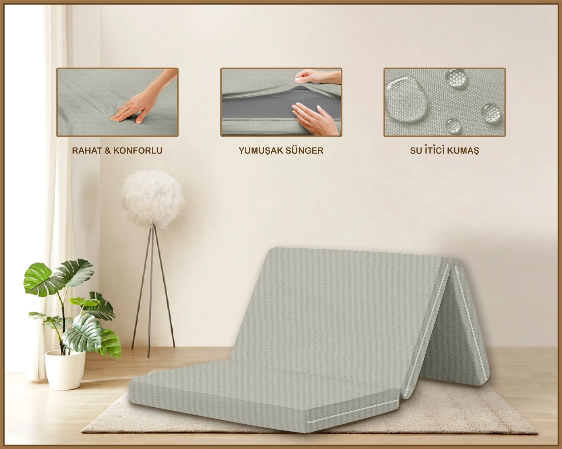 Canvas  Fermuarlı Katlanabilir Yer Yatağı Yer Minderi 60x180x6cm - Kaya Tuzu