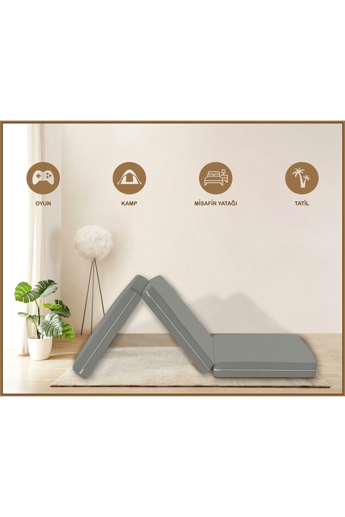 Canvas Açık Bej Fermuarlı Katlanabilir Yer Yatağı Yer Minderi 6cm