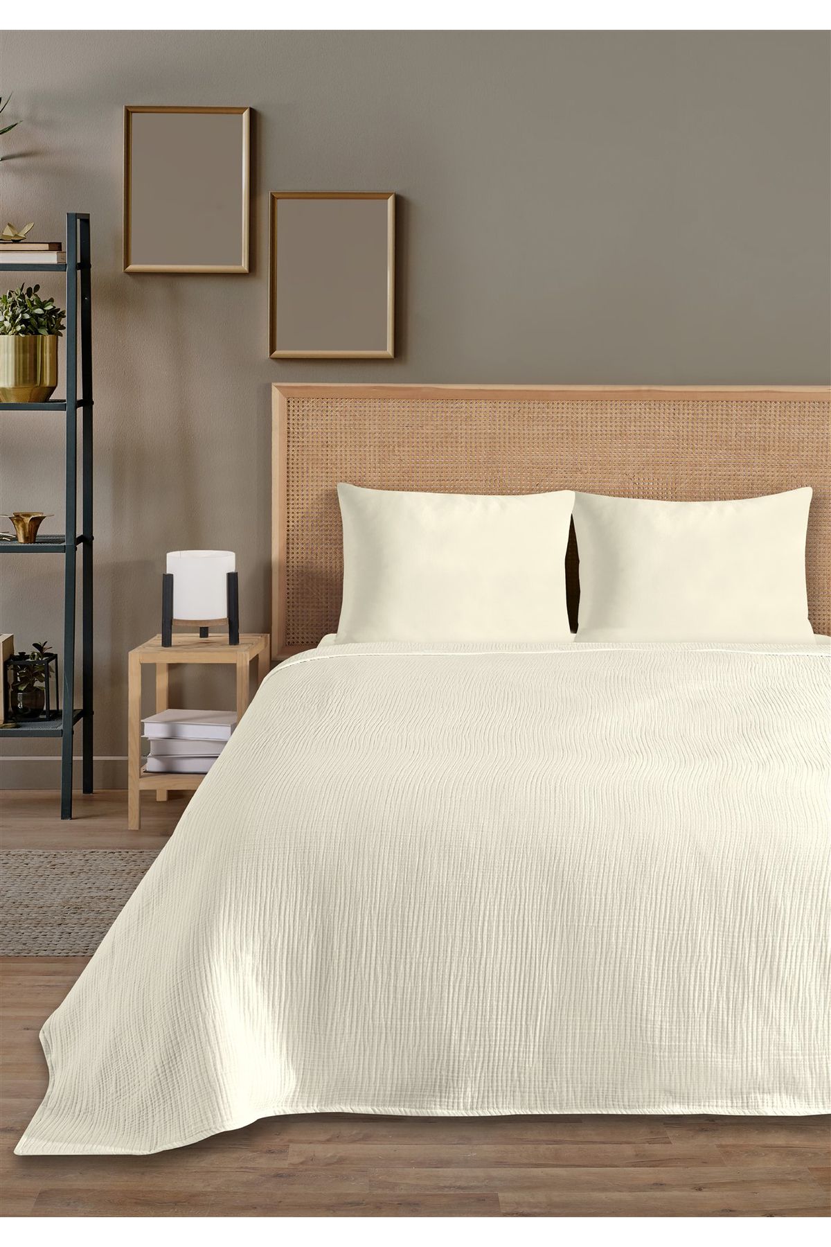 % 100 Doğal Pamuk 4 Kat Müslin Lüks Çift Kişilik Pike Takımı  200x230cm - Ekru