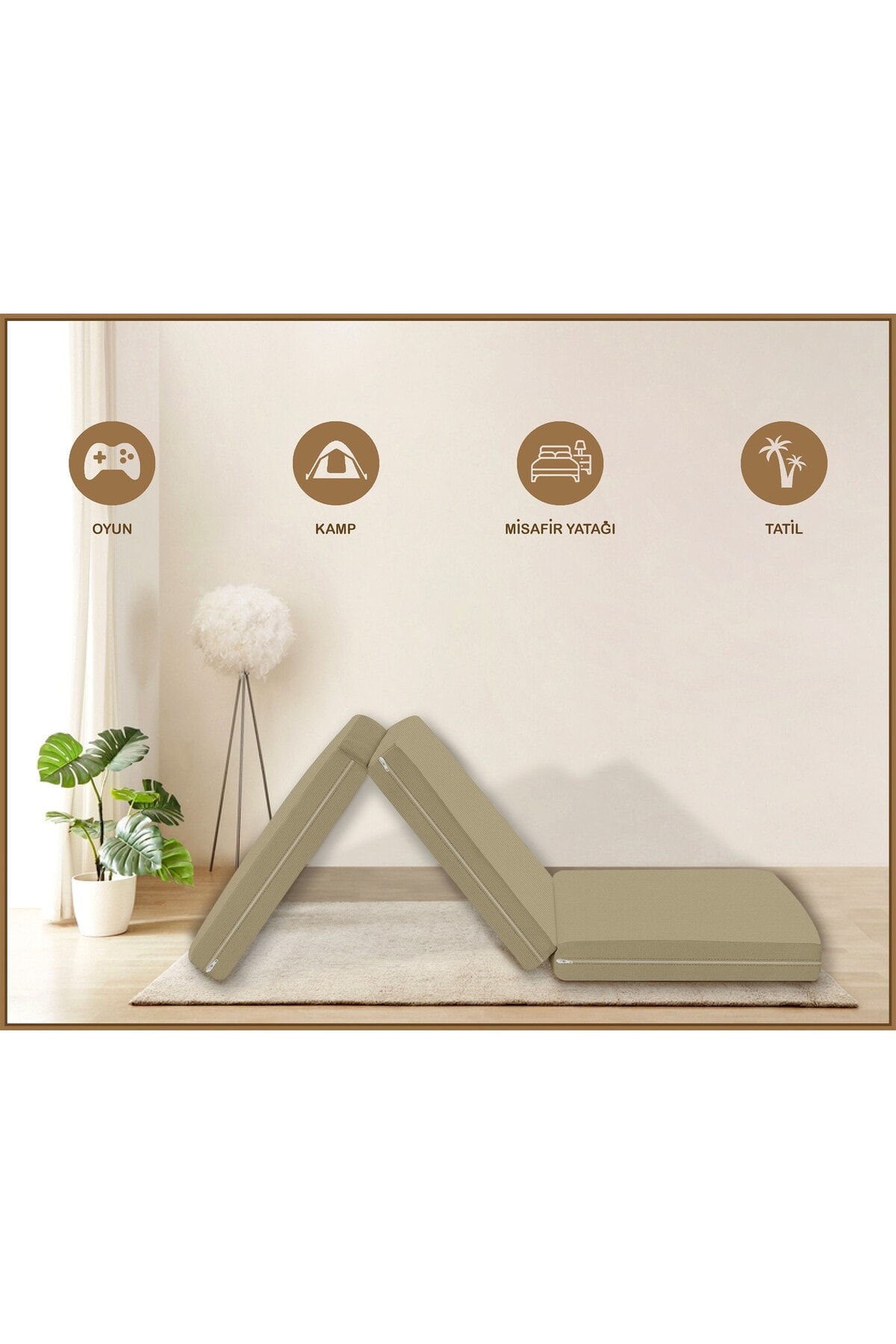 Canvas Açık Bej Fermuarlı Katlanabilir Yer Yatağı Yer Minderi 6cm