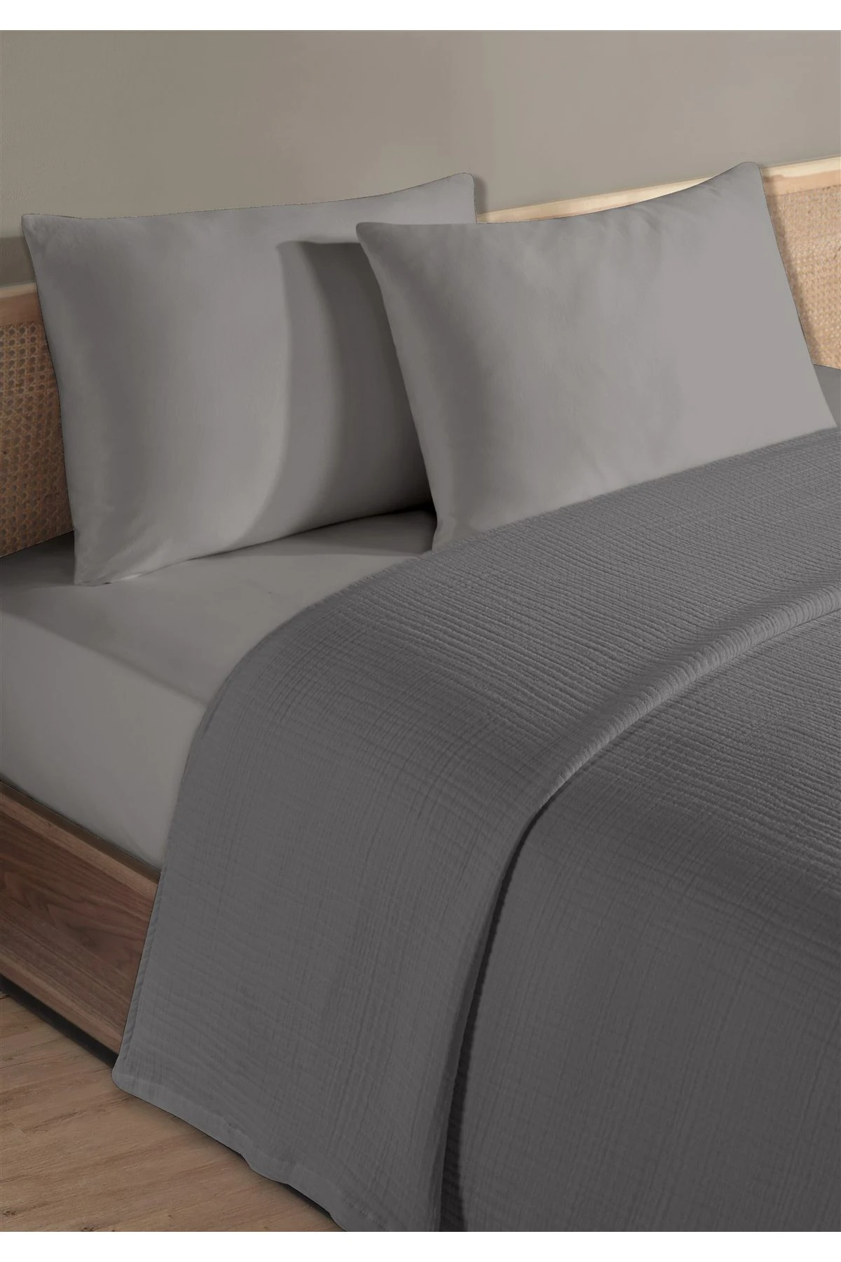 % 100 Doğal Pamuk 4 Kat Müslin Lüks Tek Kişilik Pike Takımı 160x230cm - Koyu Gri̇