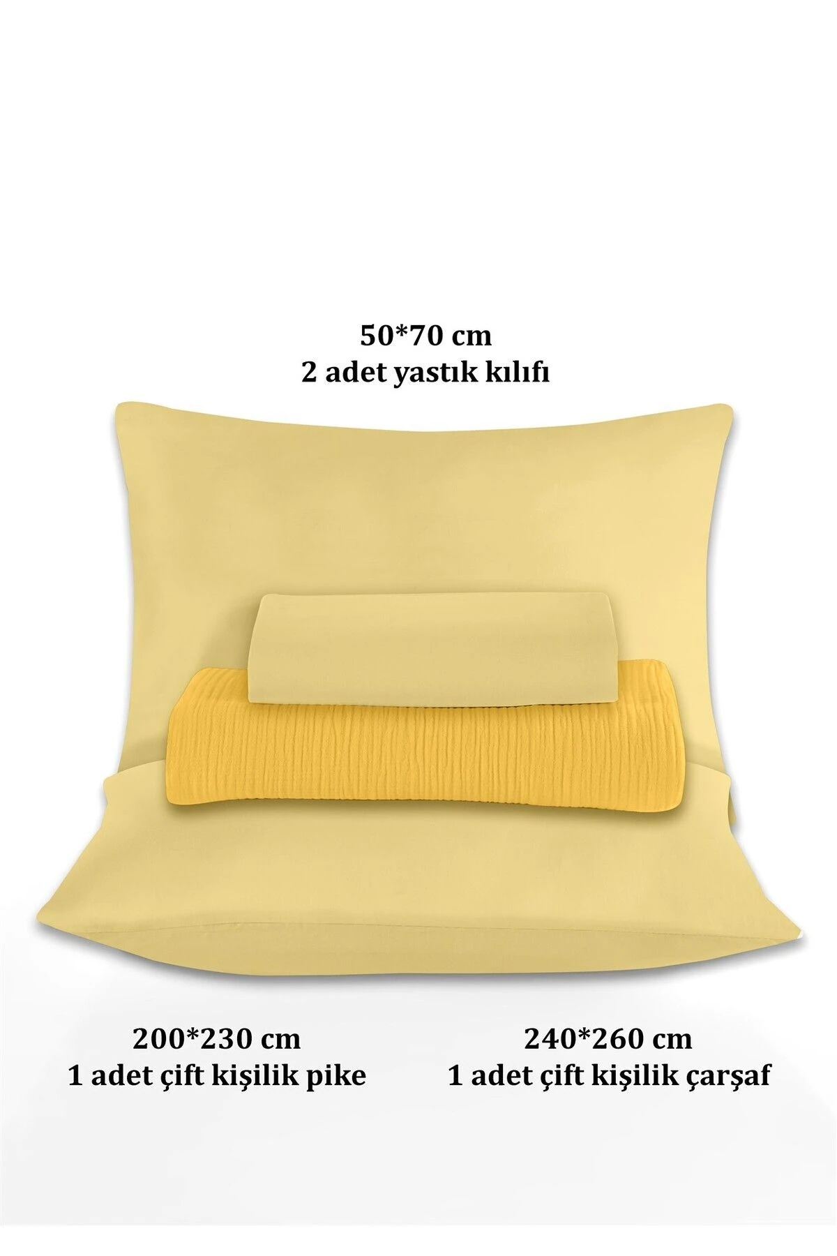 % 100 Doğal Pamuk 4 Kat Müslin Lüks Çift Kişilik Pike Takımı  200x230cm - sari