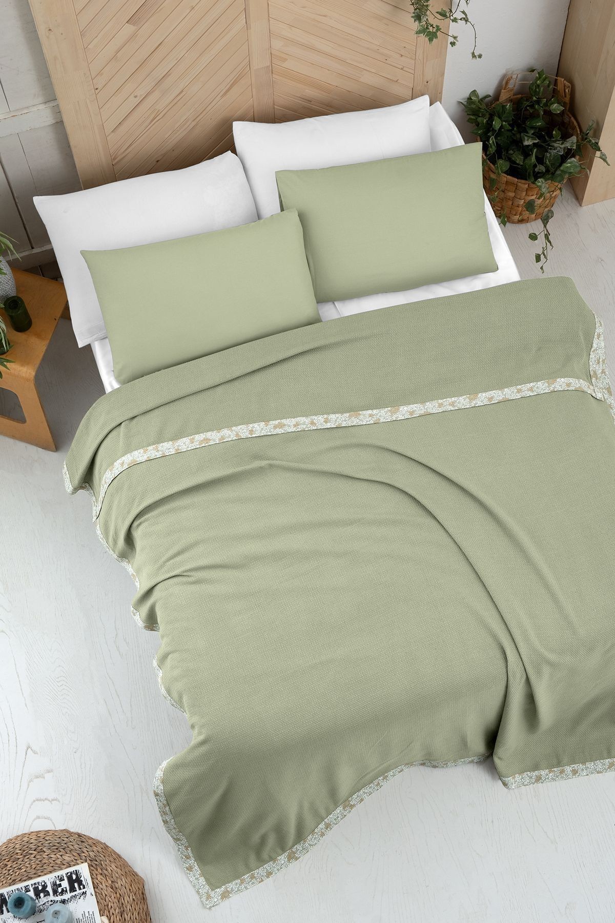 Kenar Biyeli  Pamuklu Örtü Seti Çift Kişilik 200x220 cm