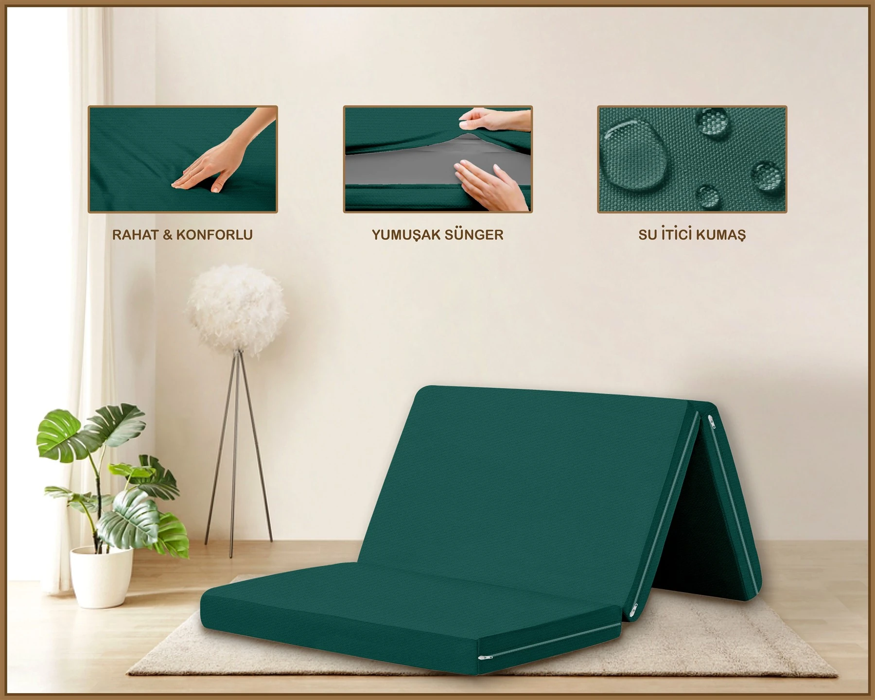 Canvas  Fermuarlı Katlanabilir Yer Yatağı Yer Minderi 60x180x6cm - Petrol