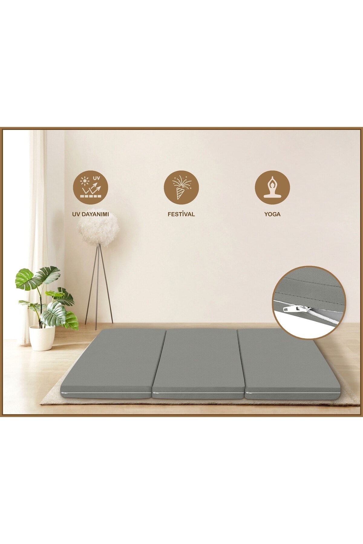 Canvas Açık Bej Fermuarlı Katlanabilir Yer Yatağı Yer Minderi 6cm