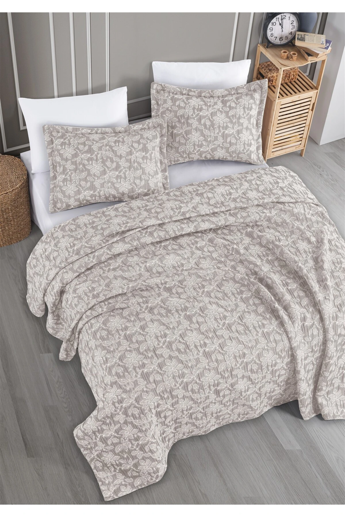 Dolgulu Jakarlı Yatak Örtüsü Seti Çift Kişilik Bej 230x240 cm - kael bej