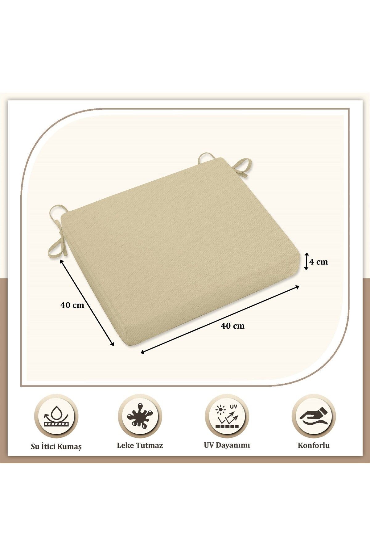 Canvas Tekli Açık Bej Sıvı Geçirmez Leke Tutmaz Fermuarlı Bağcıklı Sandalye Minderi 40 x 40 cm