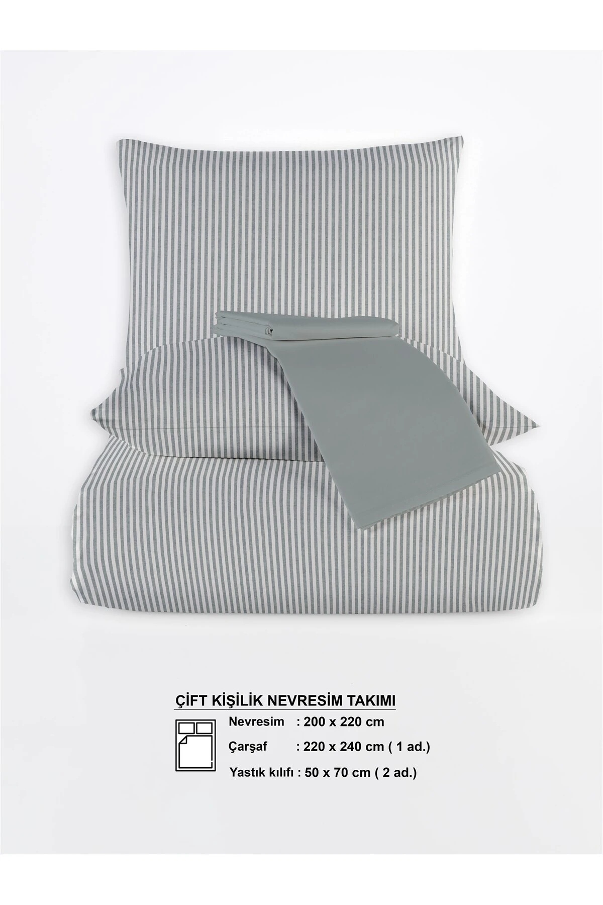 Striped %100 Pamuk Ranforce Yezra Ipliği Boyalı Nevresim Takımı Çift Kişilik - 200x220 Cm - Koyu Gri̇