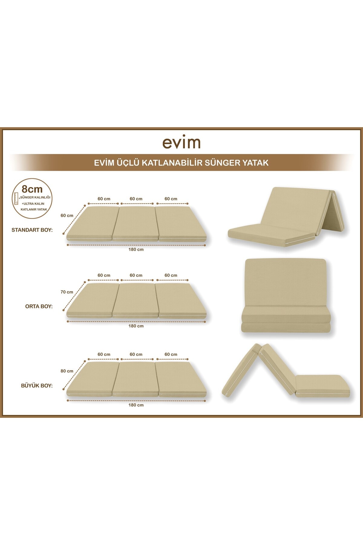 Canvas Açık Bej Fermuarlı Katlanabilir Yer Yatağı Yer Minderi 8cm