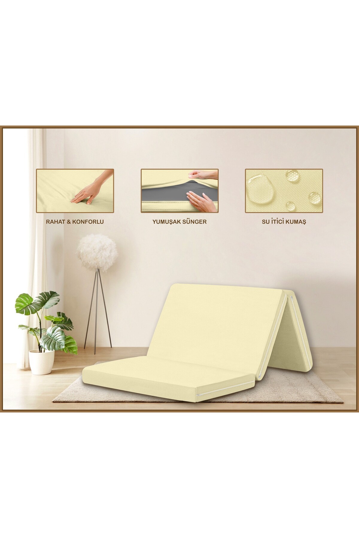 Canvas Ekru Fermuarlı Katlanabilir Yer Yatağı Yer Minderi 6cm