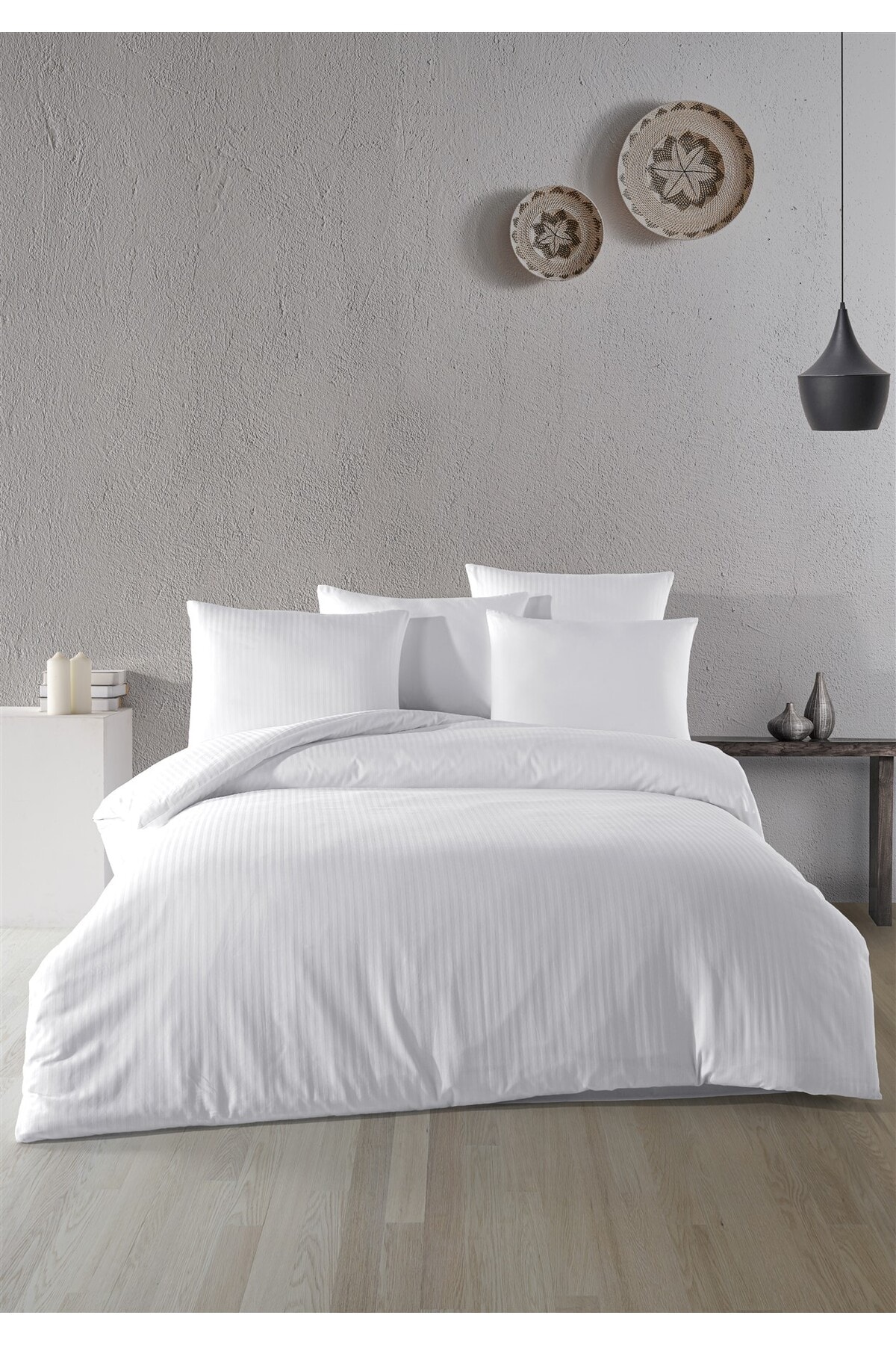 %100 Pamuk Saten Dik Çizgi Volansız Çift Kişilik Nevresim Takımı Beyaz 200x220 cm