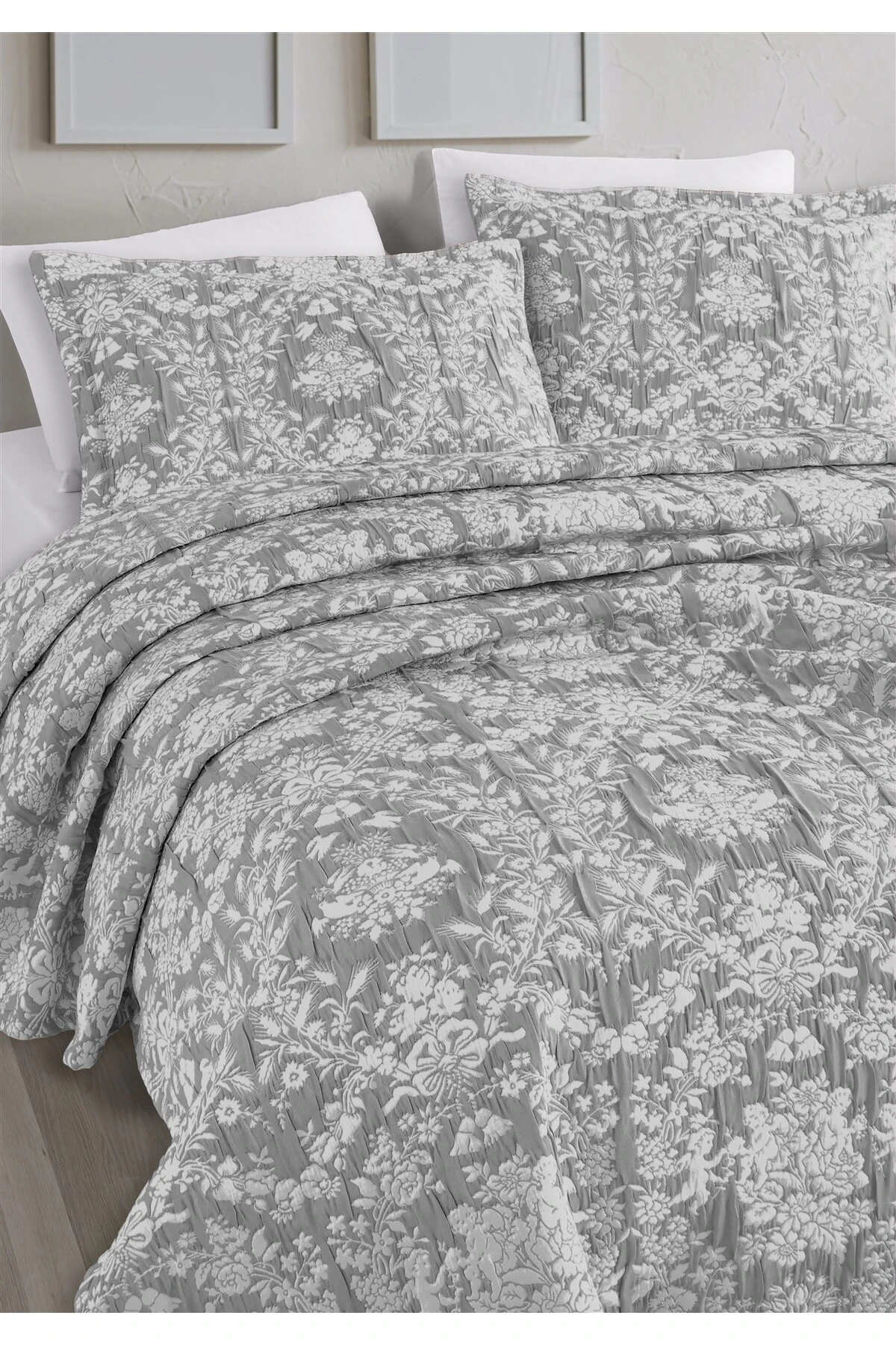 Dolgulu Jakarlı Yatak Örtüsü Seti Çift Kişilik Bej 230x240 cm - gala gri̇