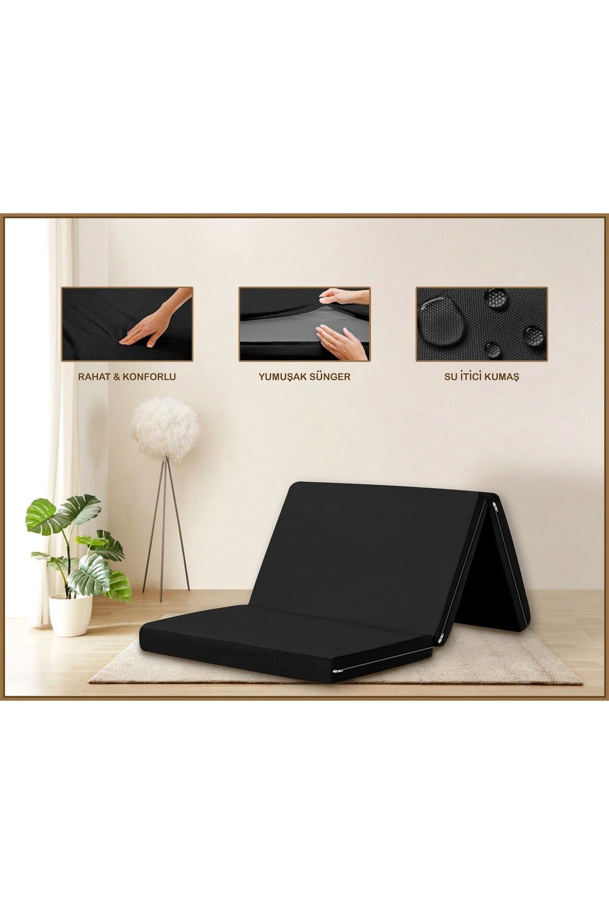 Canvas Siyah Fermuarlı Katlanabilir Yer Yatağı Yer Minderi 6cm