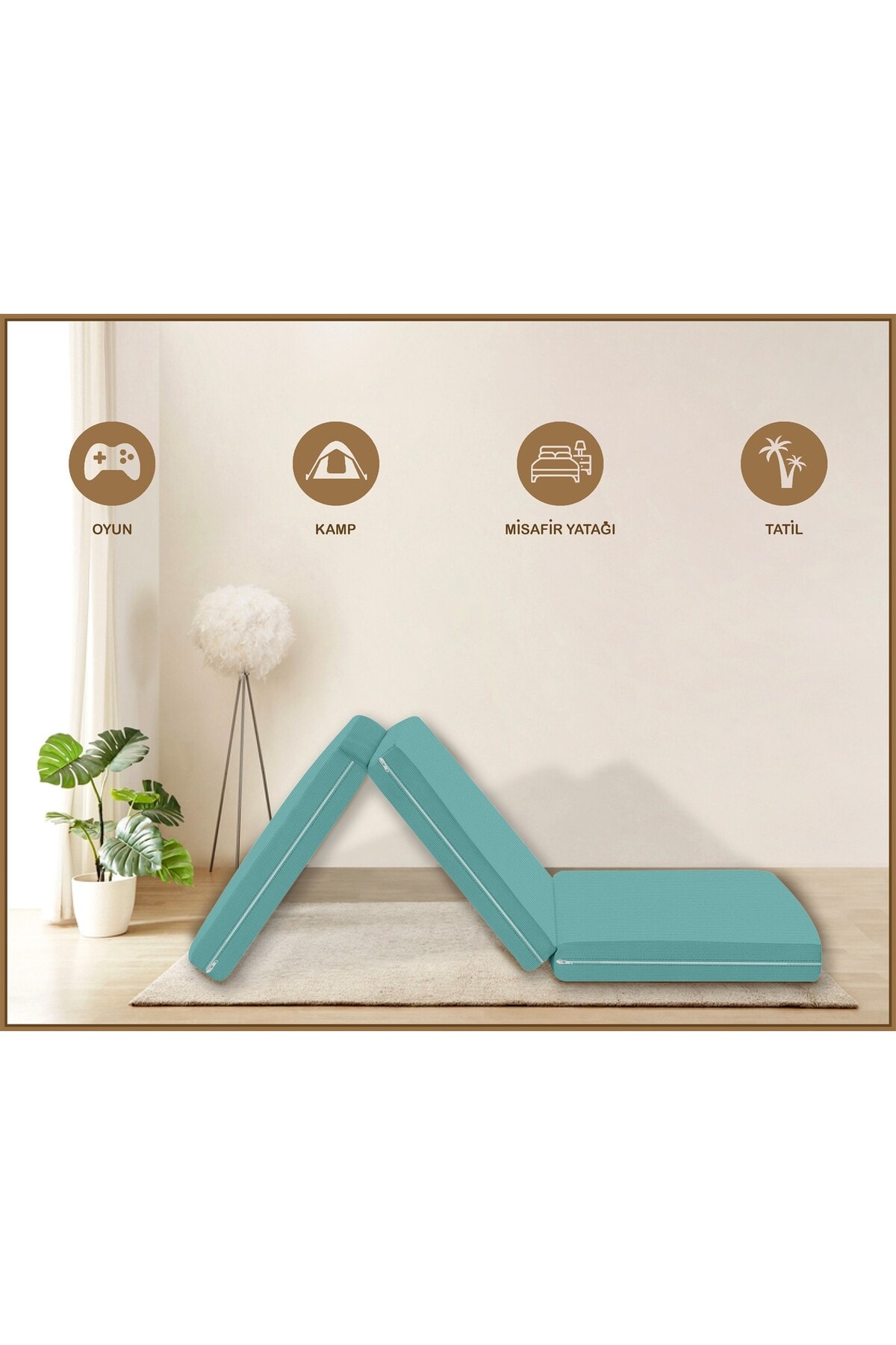 Canvas Açık Bej Fermuarlı Katlanabilir Yer Yatağı Yer Minderi 6cm