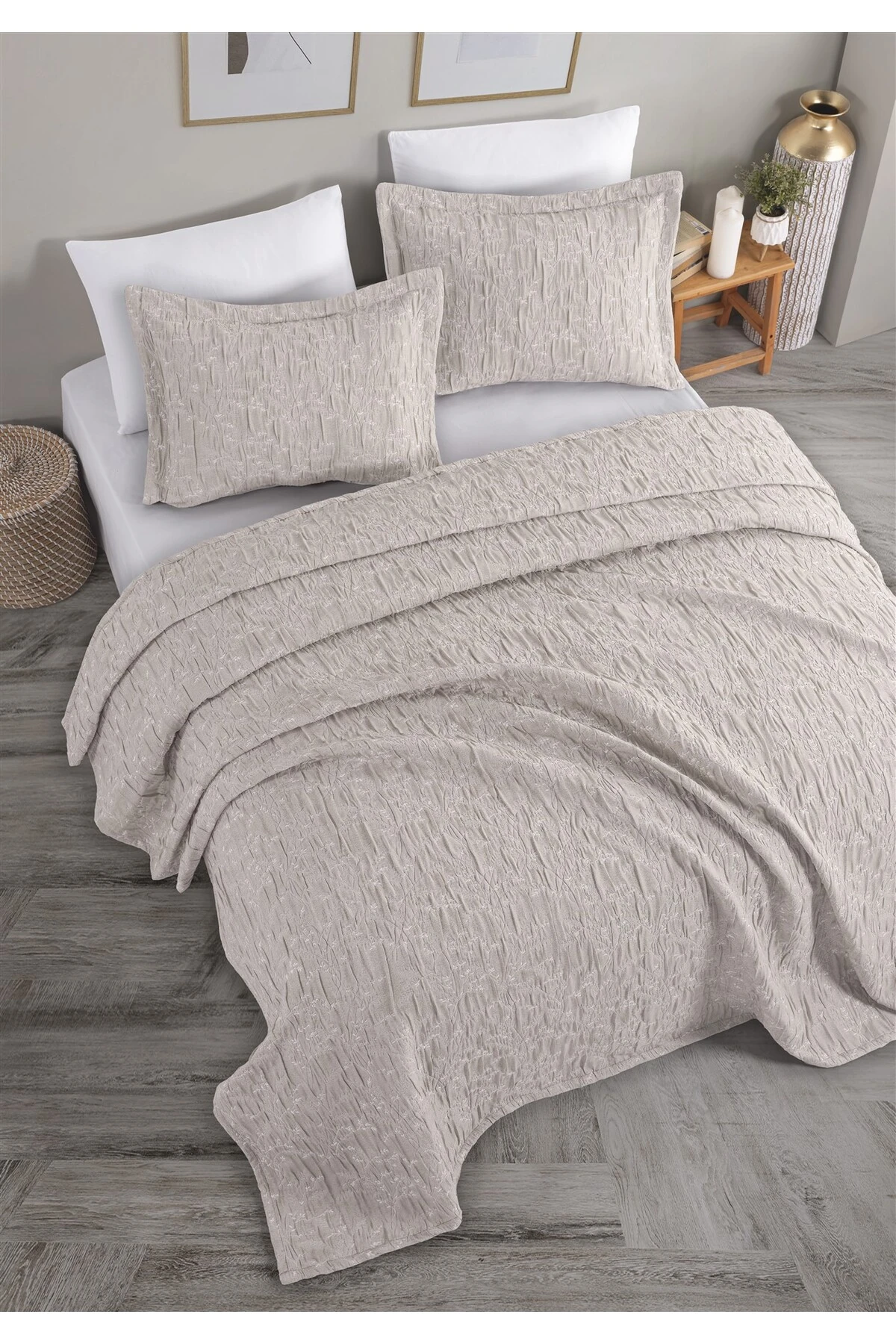 Dolgulu Jakarlı Yatak Örtüsü Seti Çift Kişilik Bej 230x240 cm - athel bej