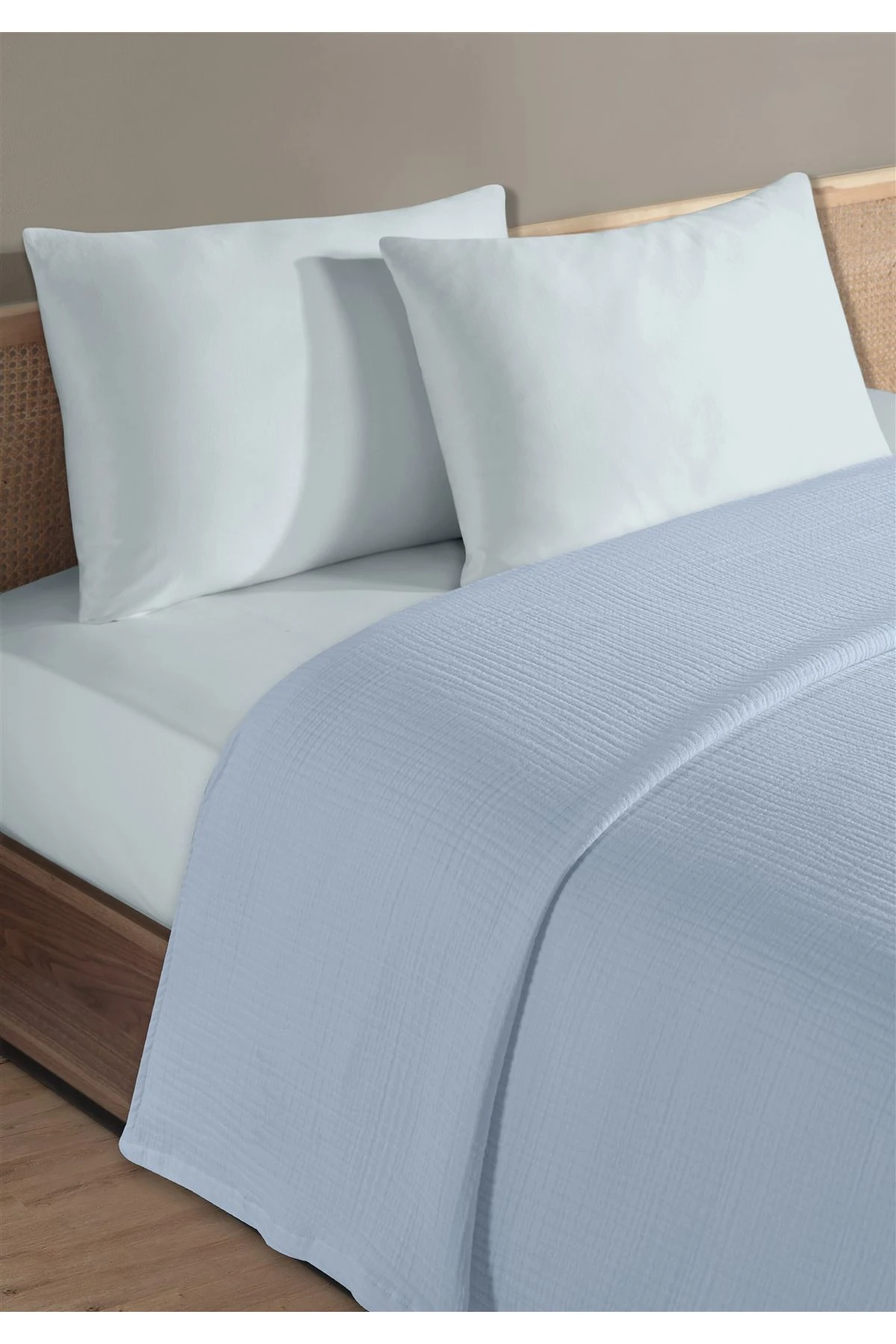% 100 Doğal Pamuk 4 Kat Müslin Lüks Tek Kişilik Pike Takımı 160x230cm - Açık Mavi̇