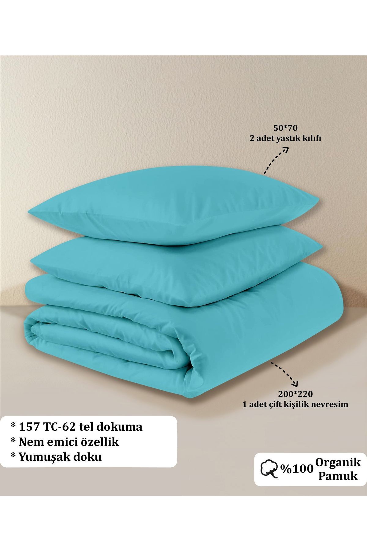 Organik Pamuk Akfil Nevresim Seti Çift Kişilik 200x220 cm - Turkuaz