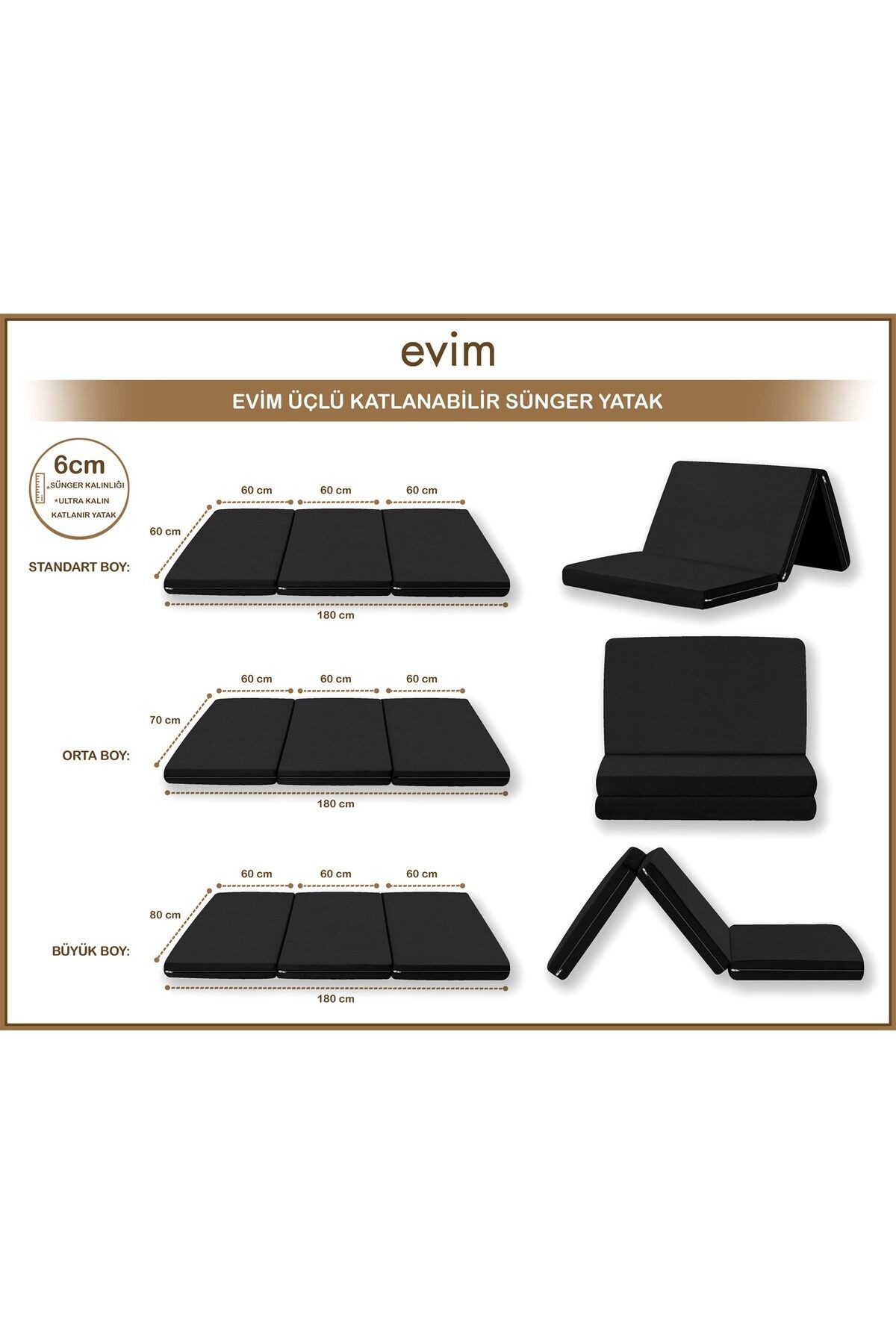 Canvas Siyah Fermuarlı Katlanabilir Yer Yatağı Yer Minderi 6cm