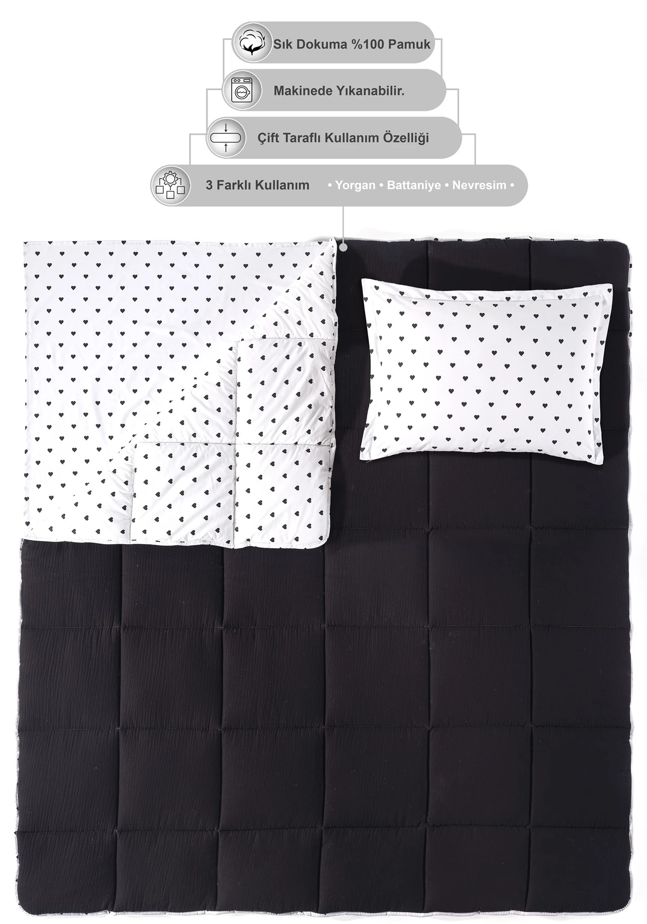 Lovely Timeless %100 Pamuk 4 Kat Müslin Comfort Uyku Seti Tek Kişilik 155x215 cm - Siyah