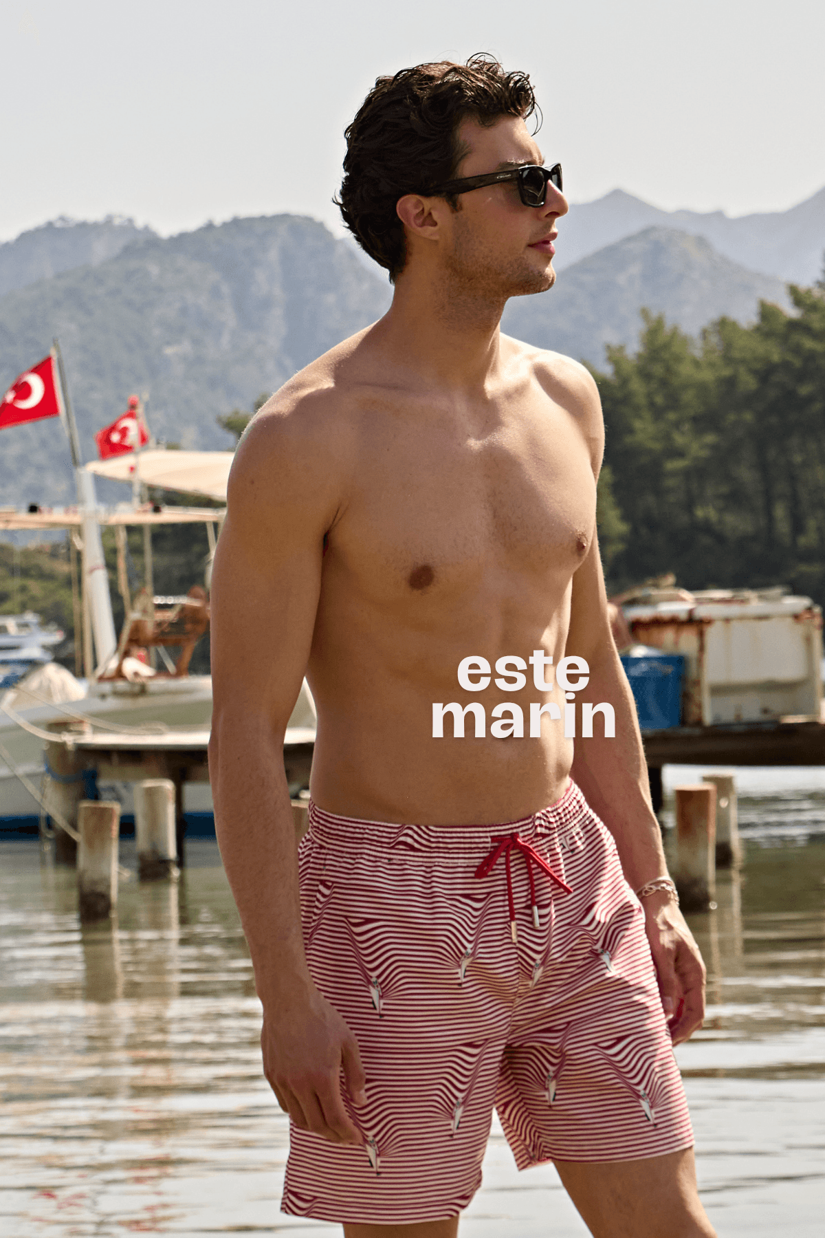 Este Marin Çökertme Dalgalı Tekne Desenli Erkek Kısa Deniz Şortu - bordo