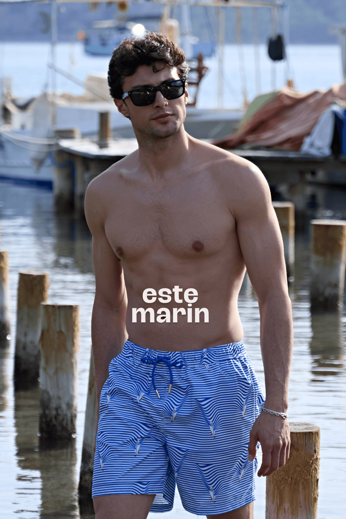 Este Marin Çökertme Dalgalı Tekne Desenli Erkek Kısa Deniz Şortu - mavi