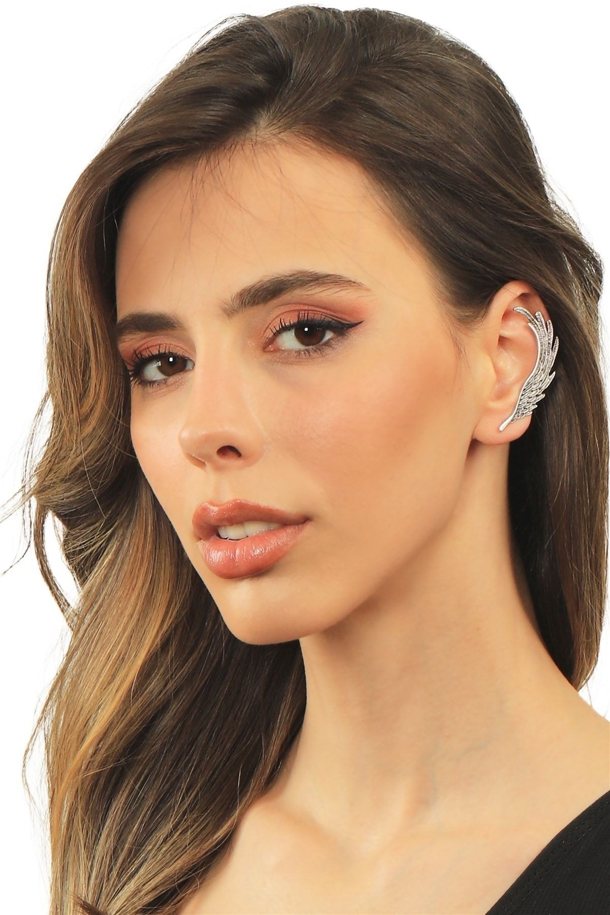 Kadın Antik Gümüş Kaplama Çivili Ve Sıkıştırmalı Model Ear Cuff Sol Kulak Melek Kanadı Küpe