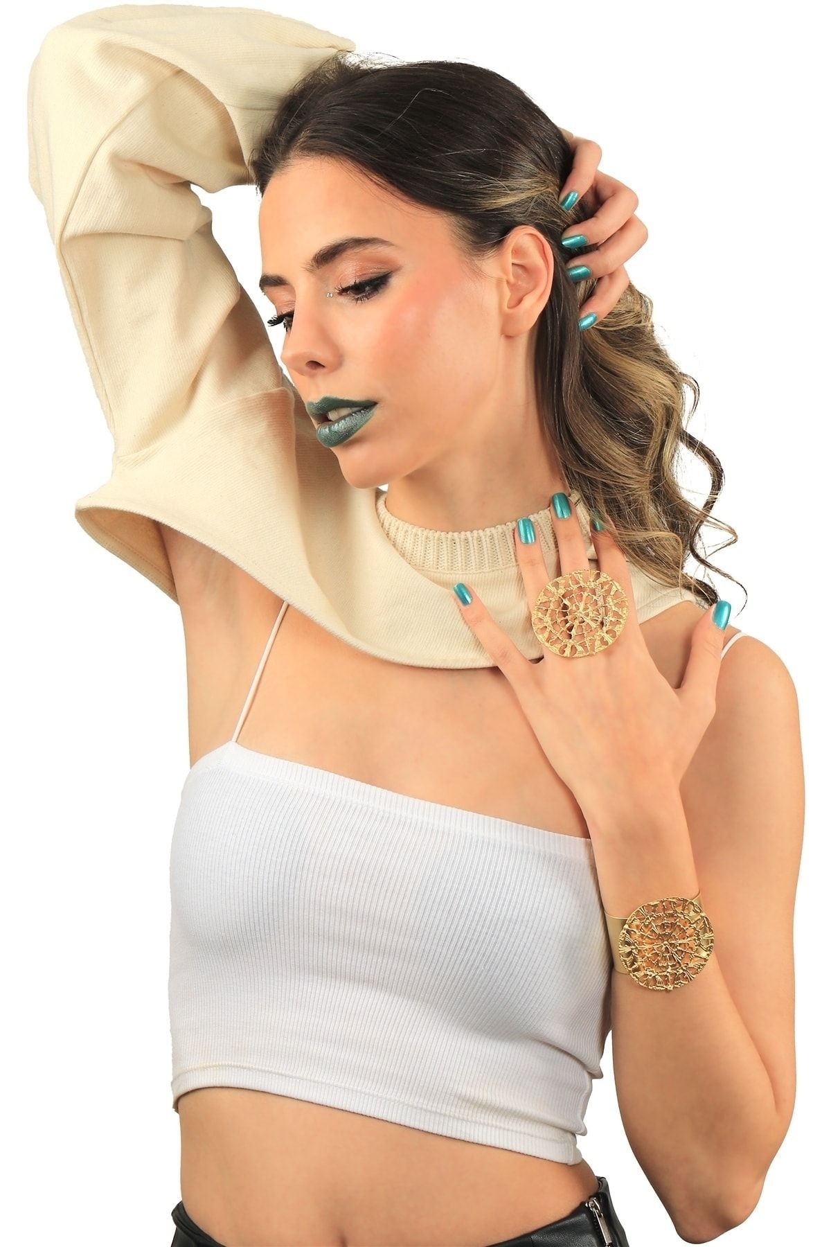 Kadın Mat Altın Kaplama Ayarlanabilir Geniş Band Örümcek Ağı Model Bileklik & Yüzük Set