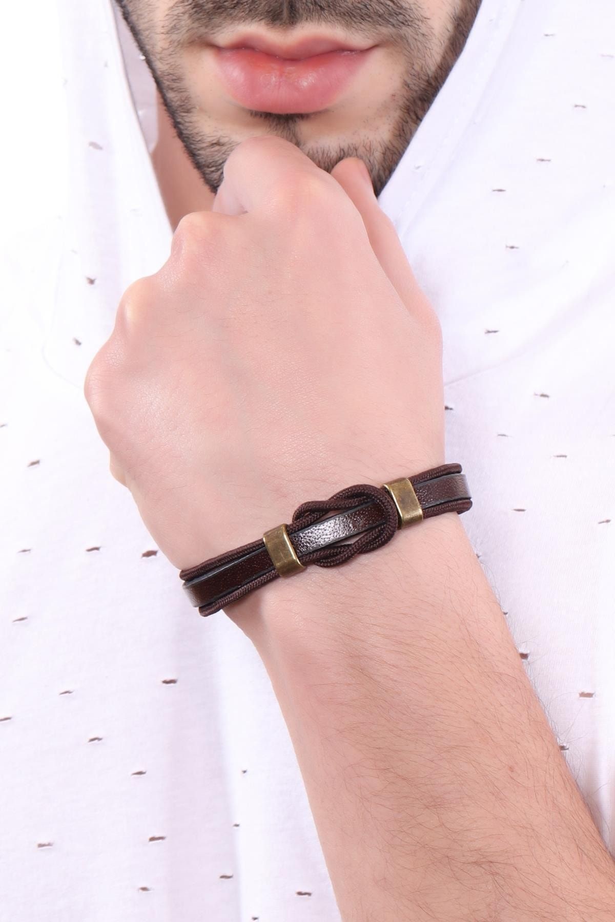 Erkek Kahverengi Paracord Düğüm Detaylı Deri Bileklik