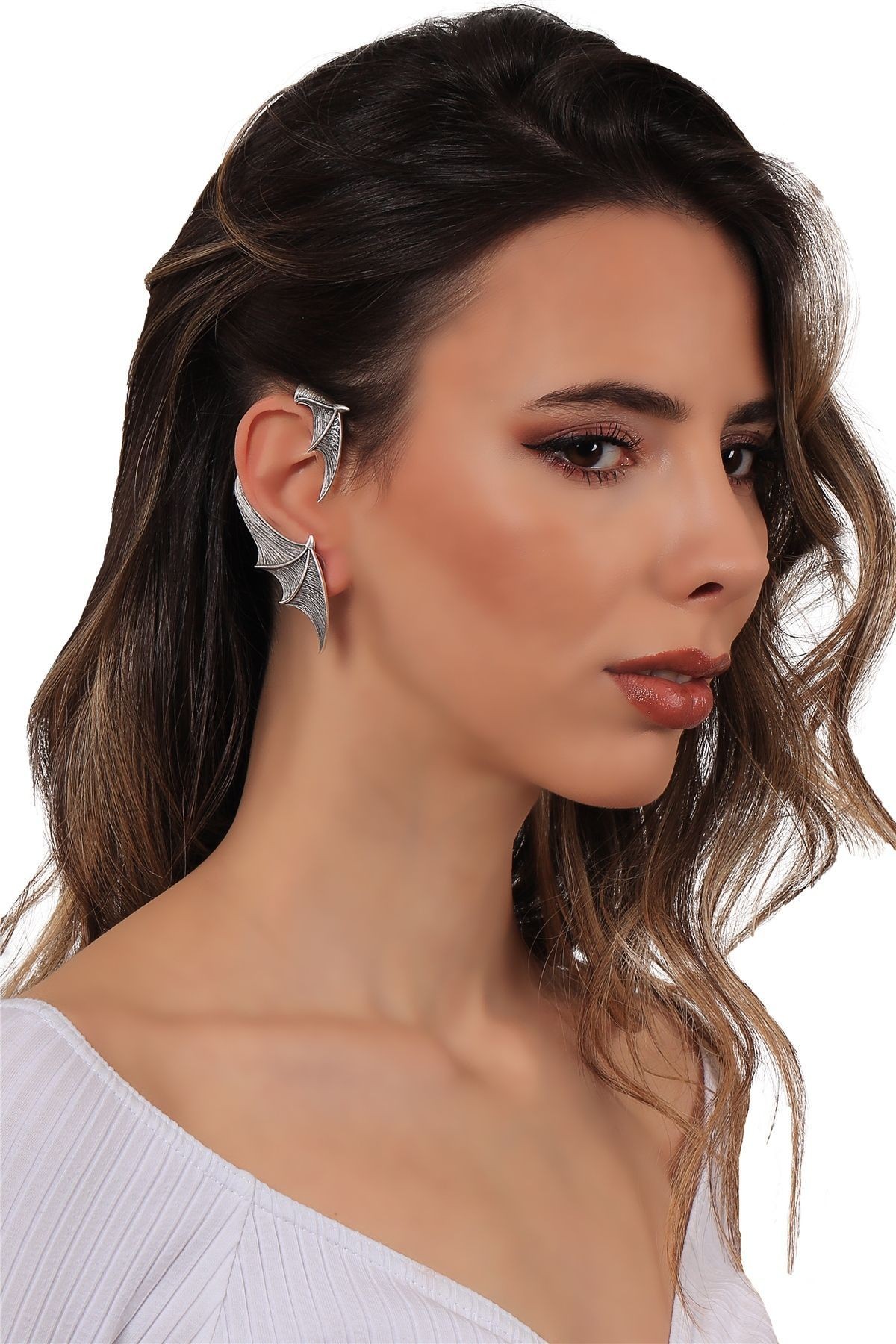 Kadın Antik Gümüş Kaplama Çivili Model Ear Cuff Sağ Kulak Yarasa Küpe