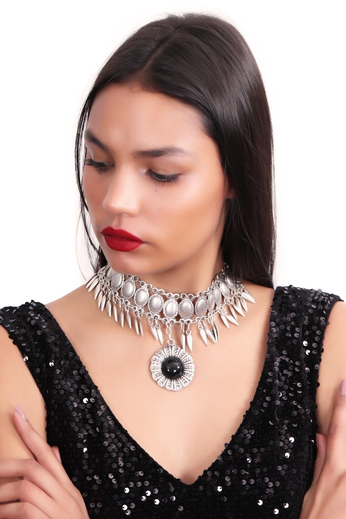 Kadın Antik Gümüş Kaplama Choker